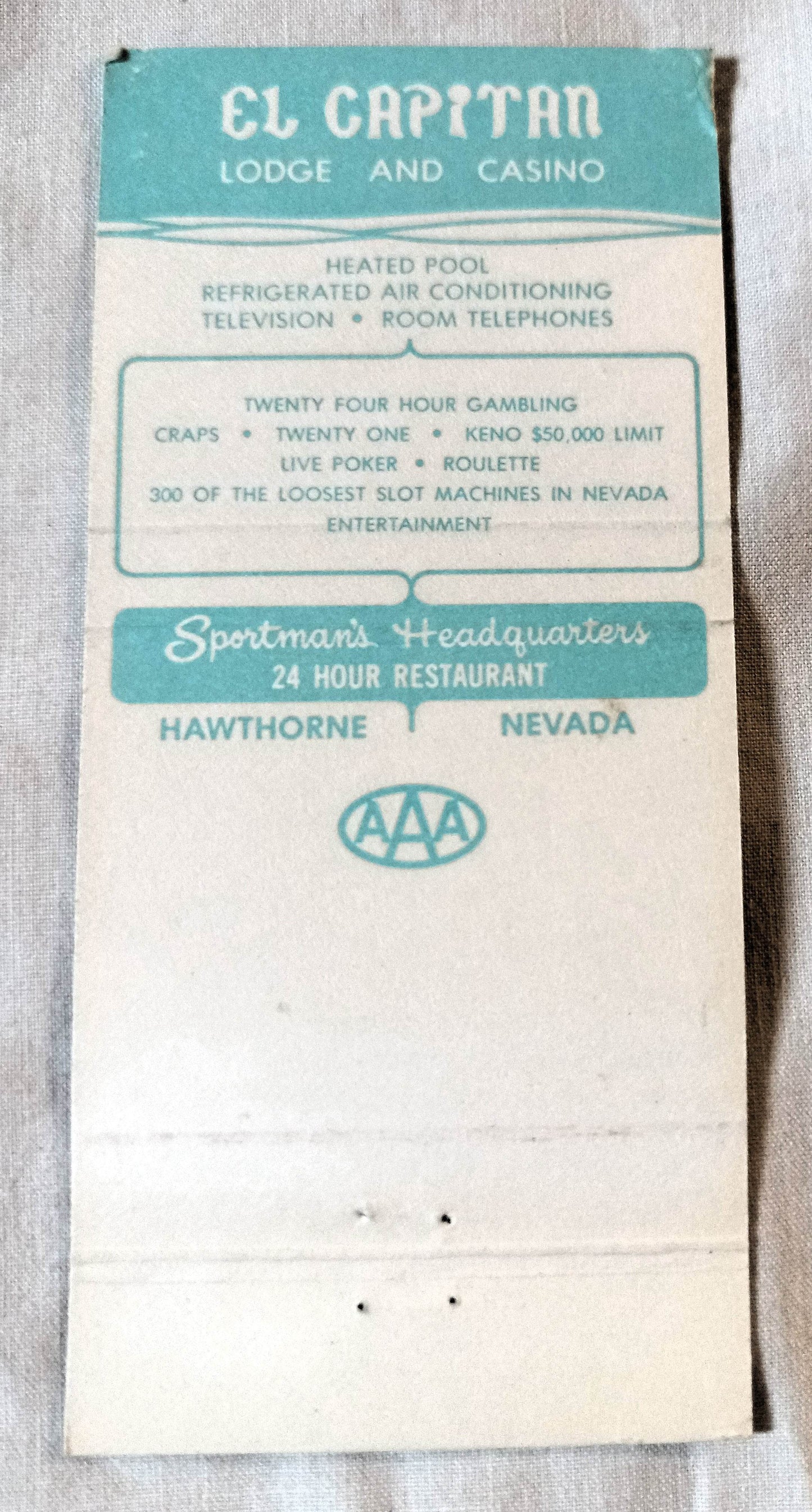 El Capitan Lodge And Casino Hawthorne Nevada Matchbook Cover 1970's - TulipStuff