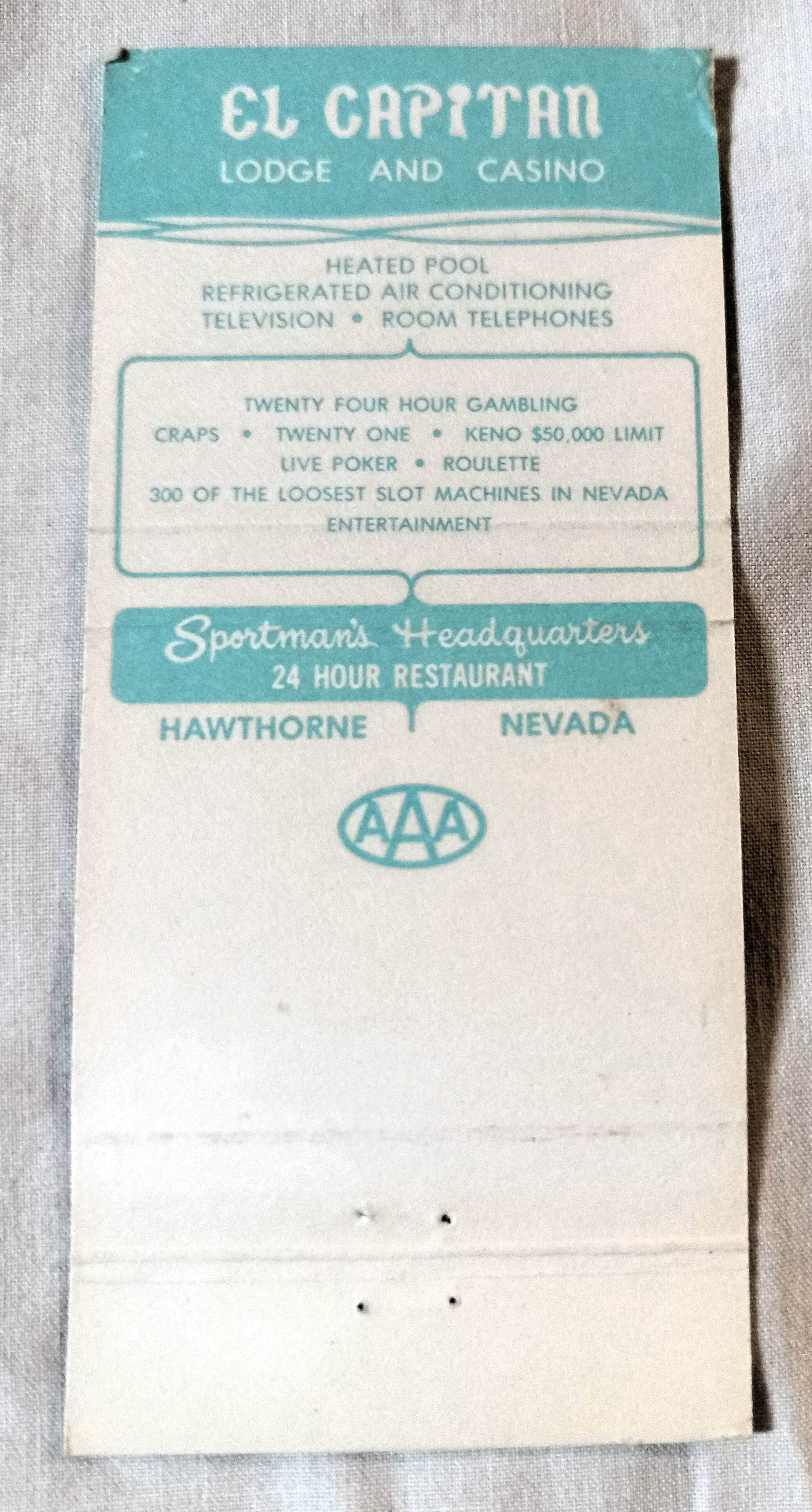 El Capitan Lodge And Casino Hawthorne Nevada Matchbook Cover 1970's - TulipStuff