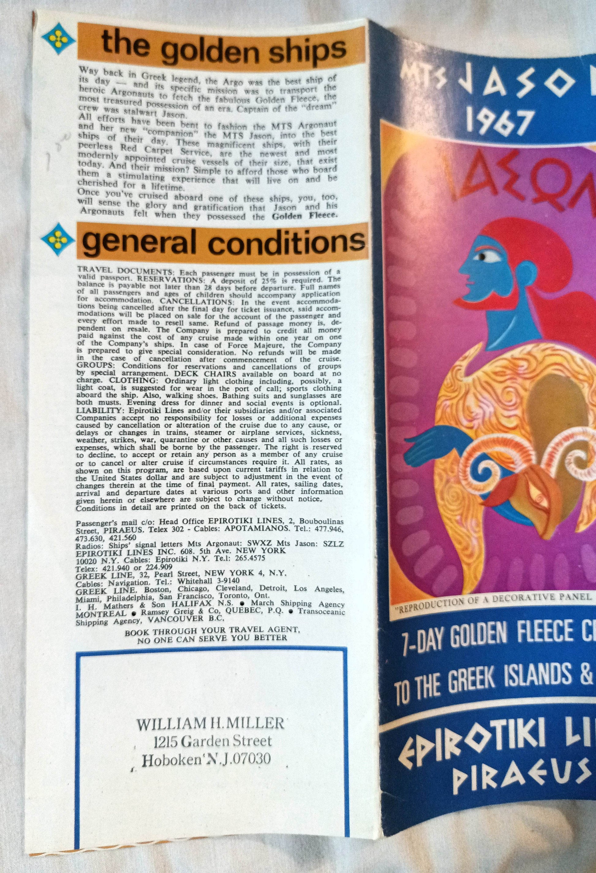 Epirotiki Lines mts Argonaut mts Jason 7-Day Golden Fleece Cruises 1967 - TulipStuff