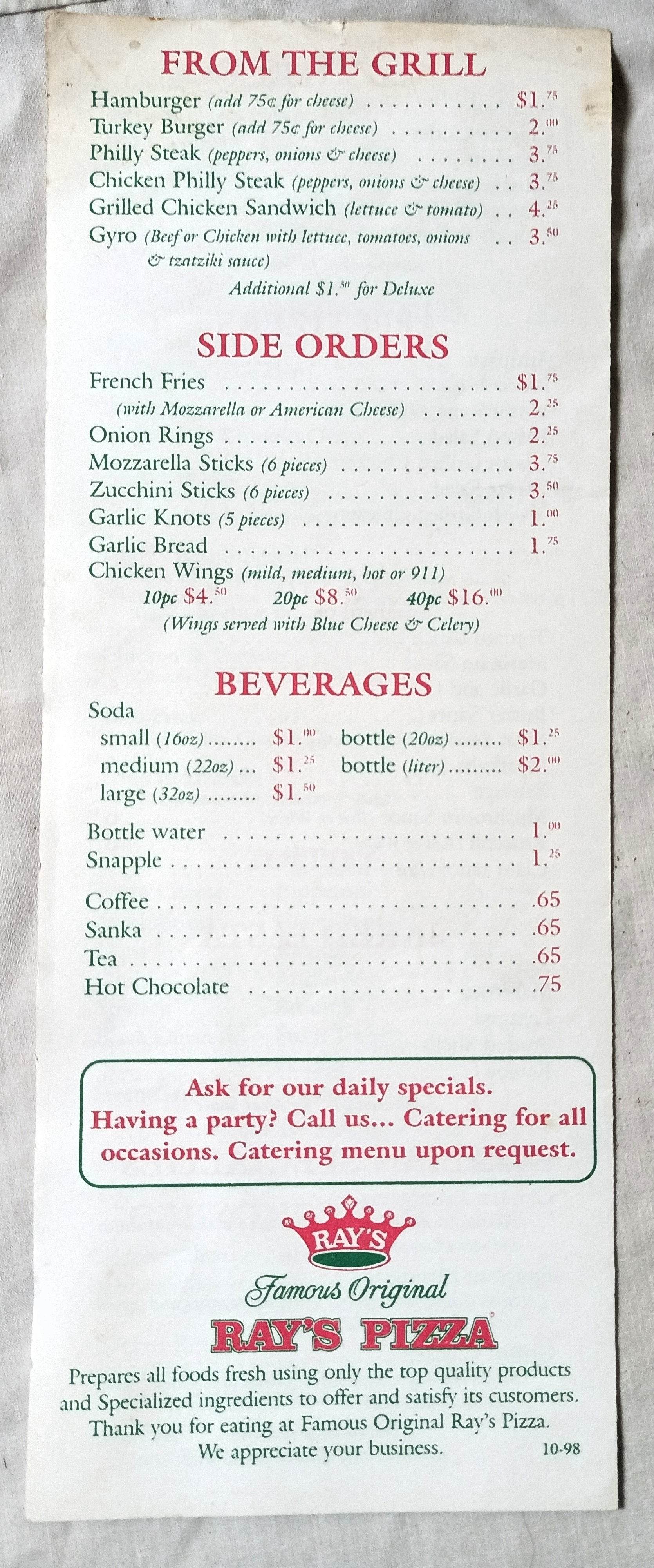 Famous Original Ray's Pizza 250 E Houston NYC Takeout Menu 1998 - TulipStuff