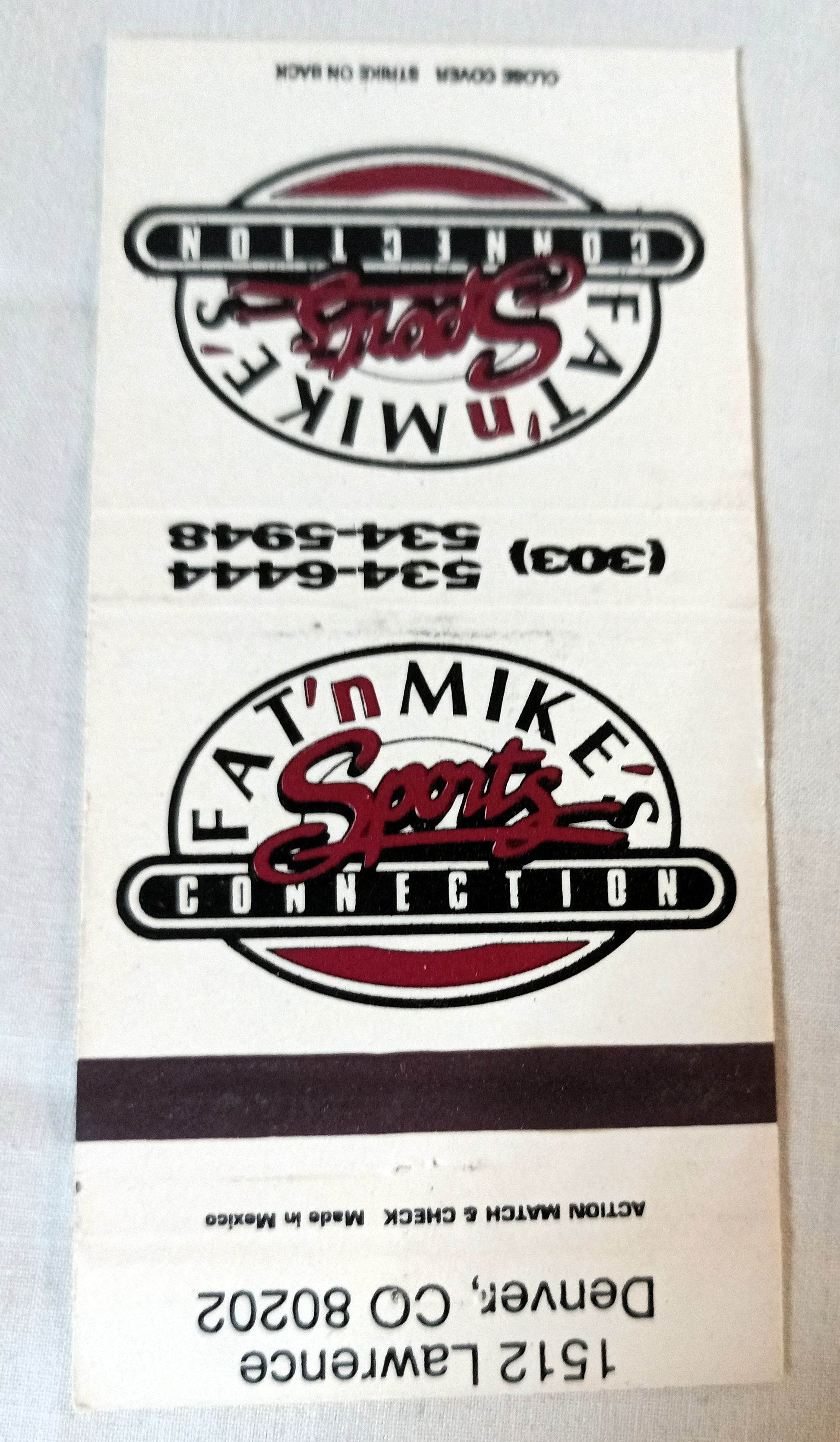 Fat 'N Mike's Sports Connection Denver Matchbook Cover 1980's - TulipStuff