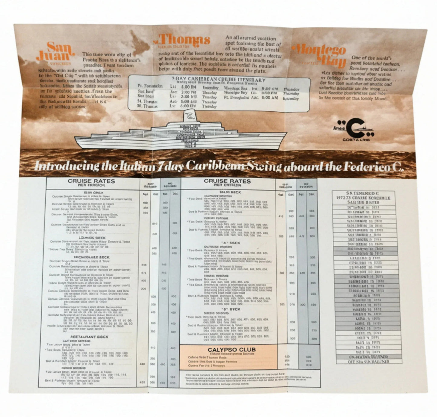 Costa Line Federico C 1972-73 7-Day Caribbean Cruises Brochure - TulipStuff