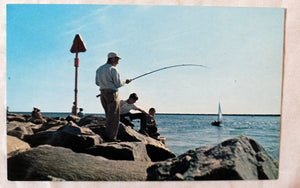 Fishing Off The Rocks Breakwater Galilee Rhode Island 1950's - TulipStuff