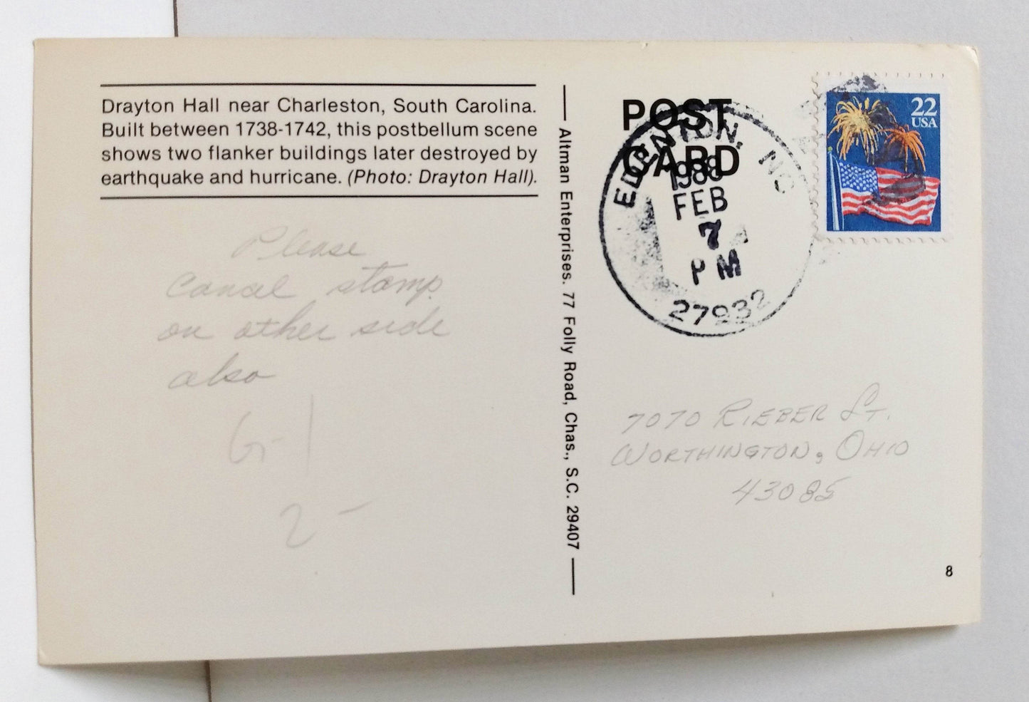 Drayton Hall Fort Sumter 1861-1961 Civil War Centennial Stamp Postcard - TulipStuff