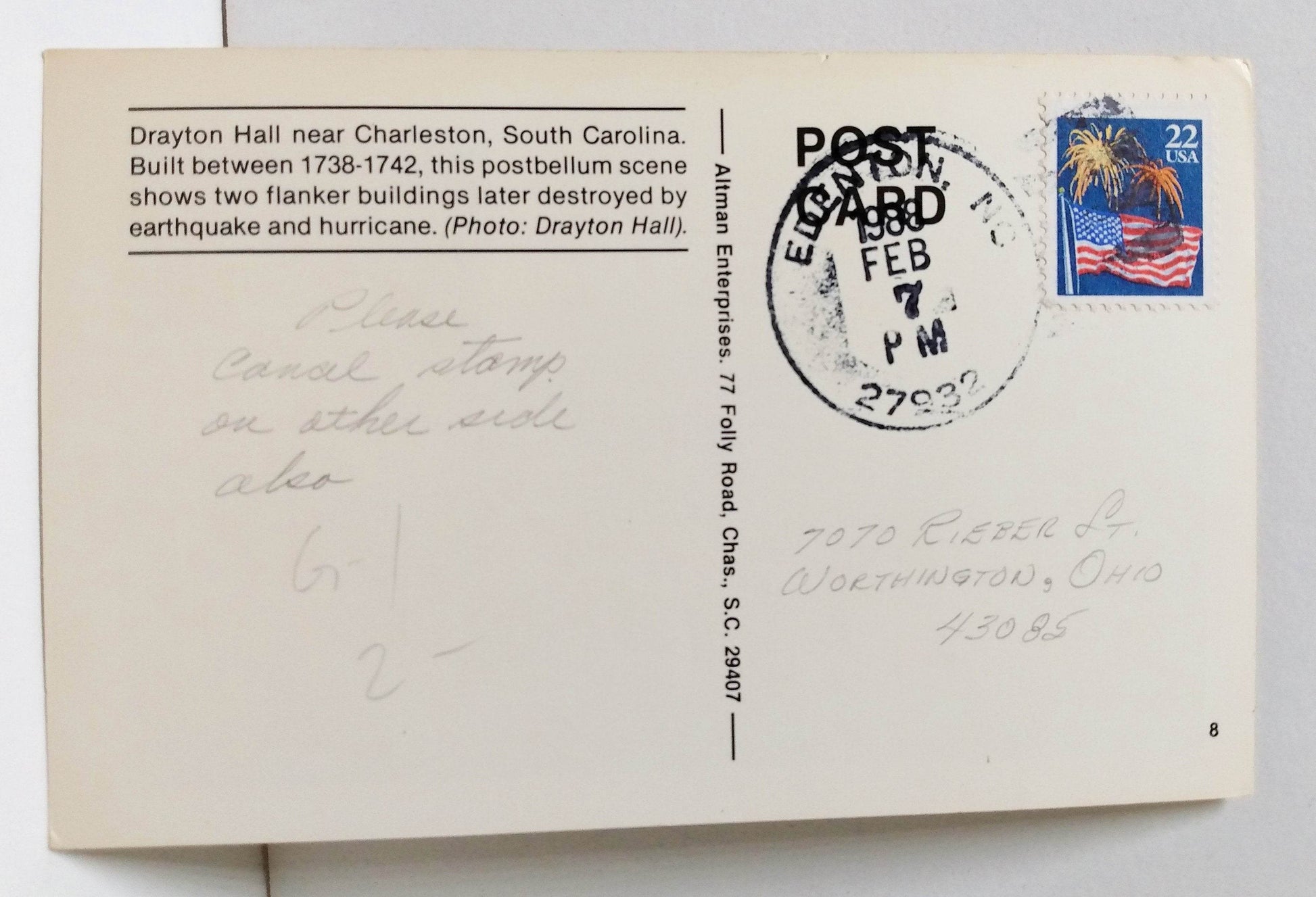 Drayton Hall Fort Sumter 1861-1961 Civil War Centennial Stamp Postcard - TulipStuff