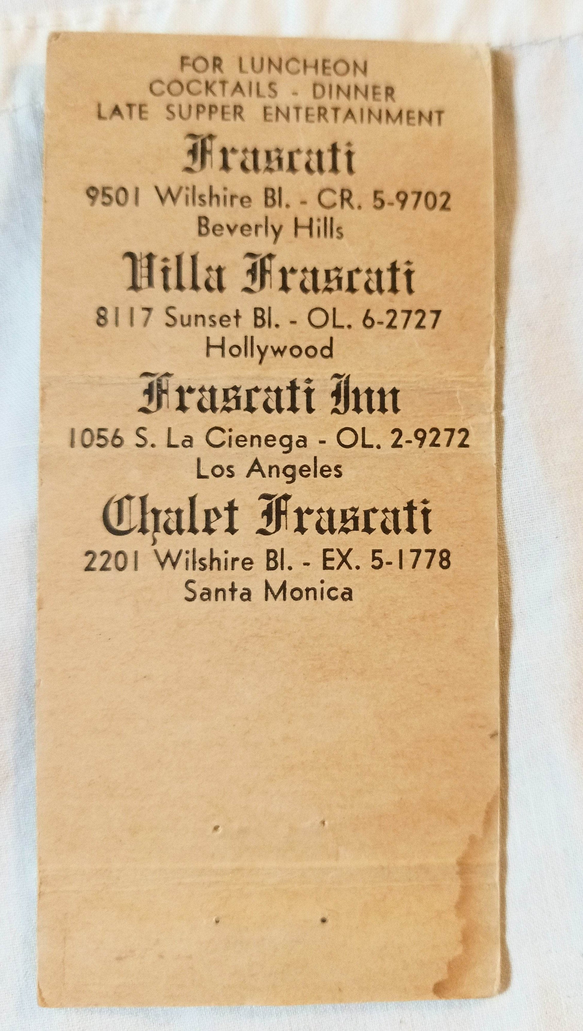 Frascati Belgian Restaurants Beverly Hills Matchbook Cover 1950's - TulipStuff