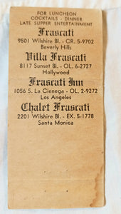 Frascati Belgian Restaurants Beverly Hills Matchbook Cover 1950's - TulipStuff