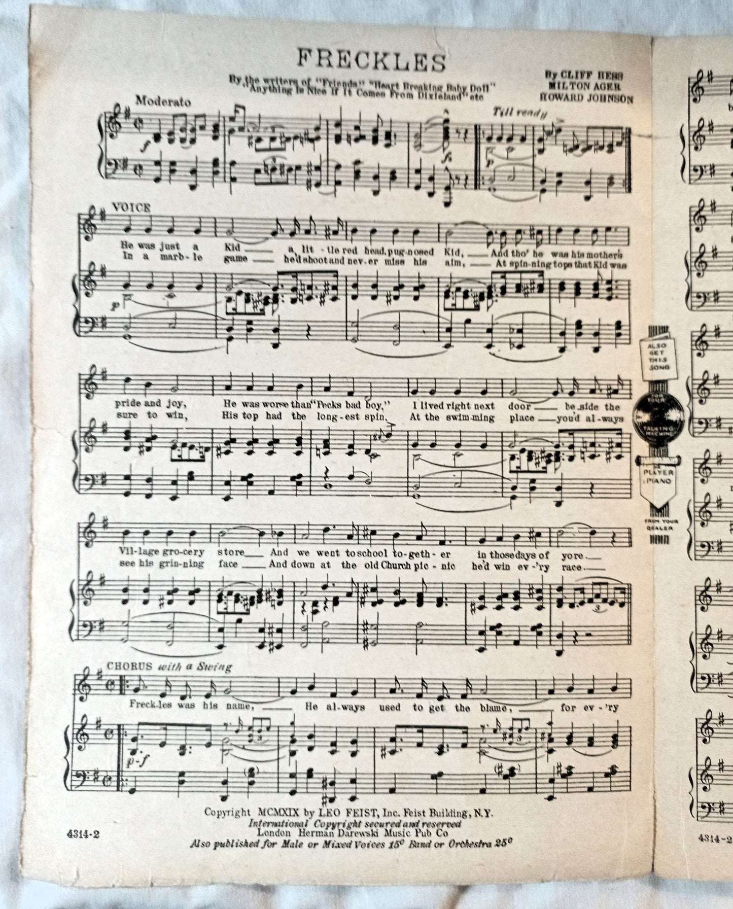 Freckles Nora Bayes Sheet Music 1919 Cliff Hess Milton Ager Howard Johnson - TulipStuff