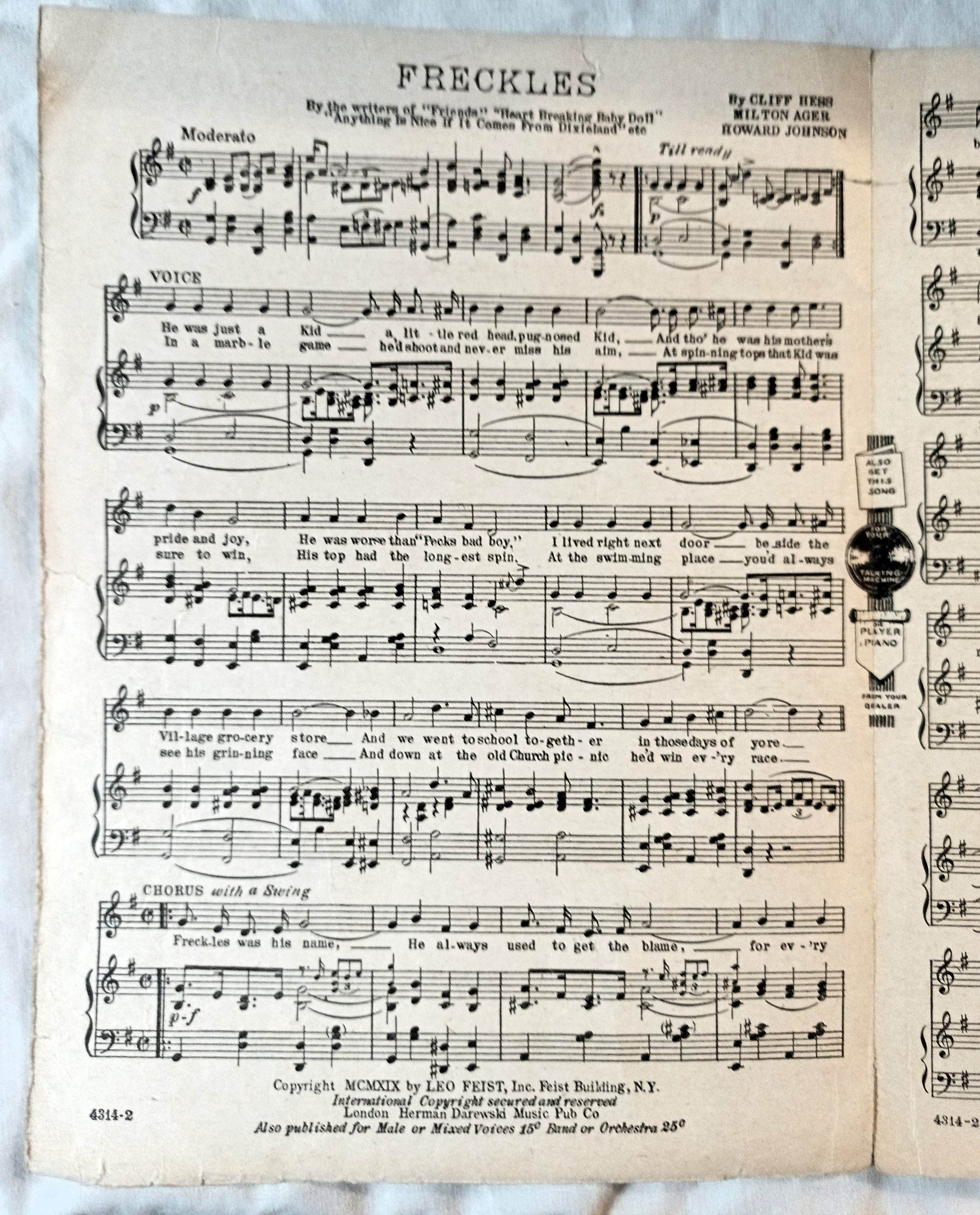 Freckles Nora Bayes Sheet Music 1919 Cliff Hess Milton Ager Howard Johnson - TulipStuff