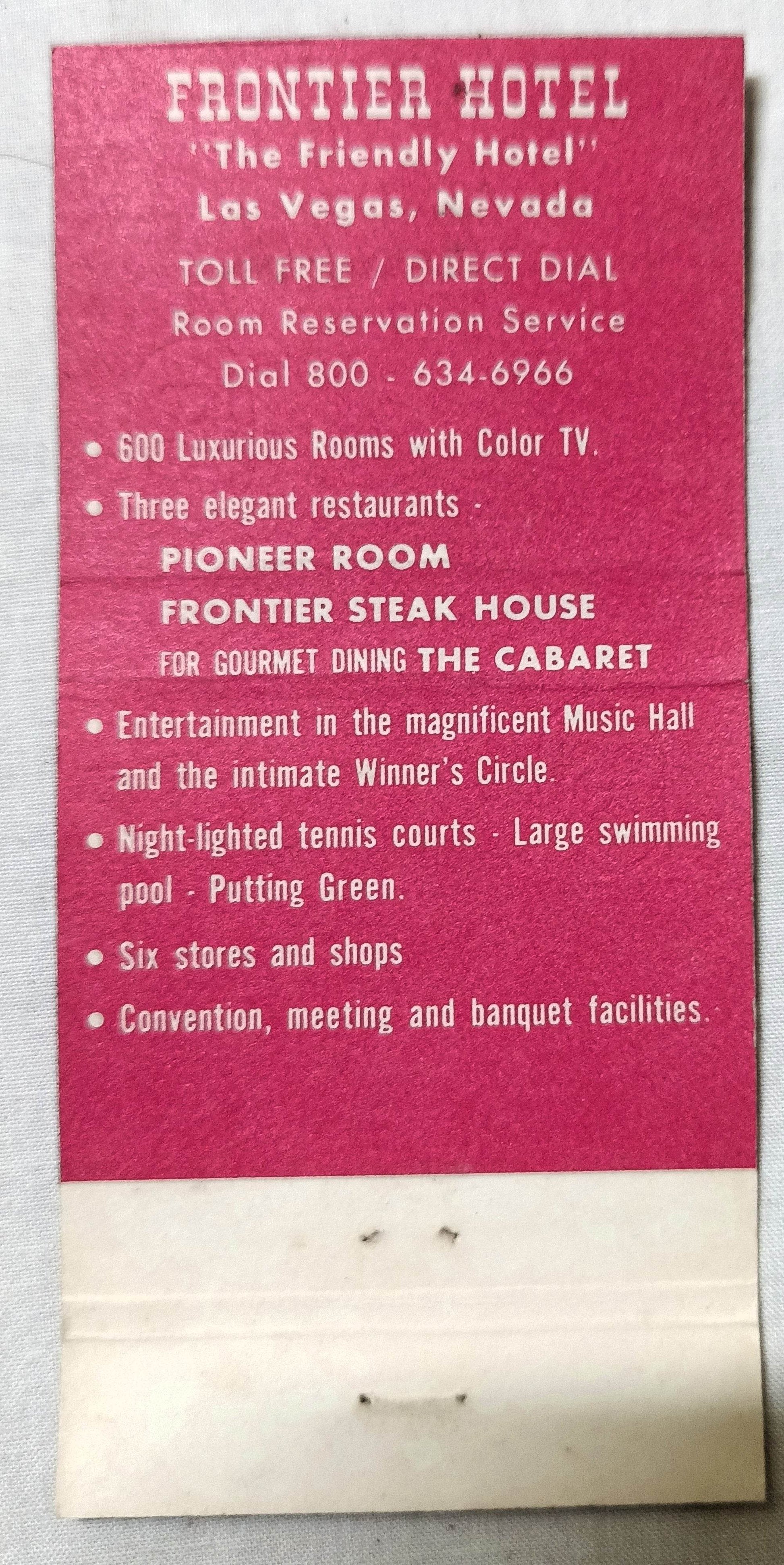 Frontier Hotel Hughes Hotels Las Vegas Nevada Matchbook Cover 1970 - TulipStuff