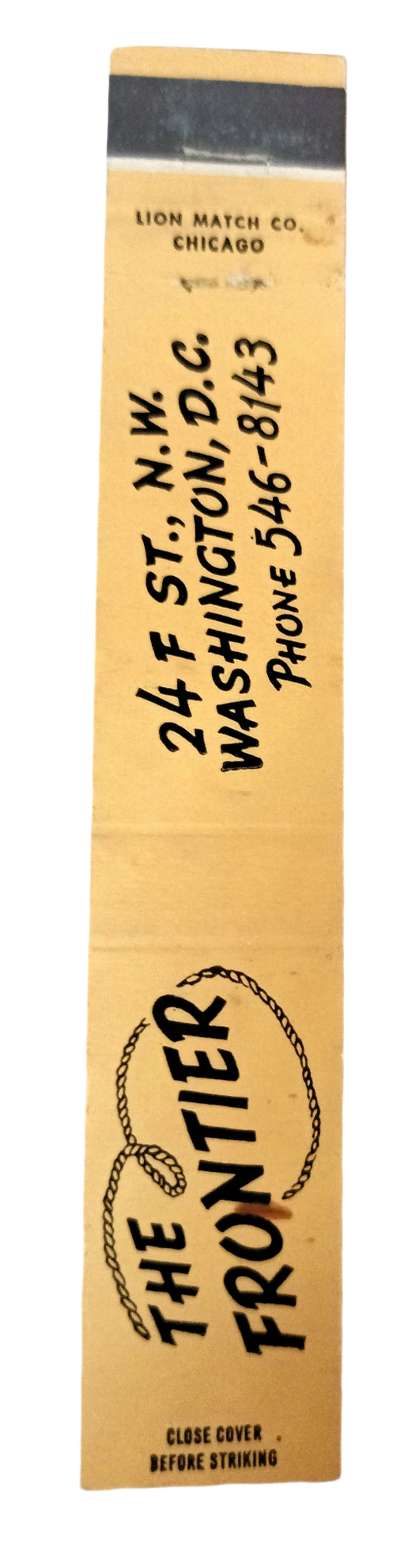 The Frontier Restaurant Washington DC Matchbook Cover 1960's - TulipStuff