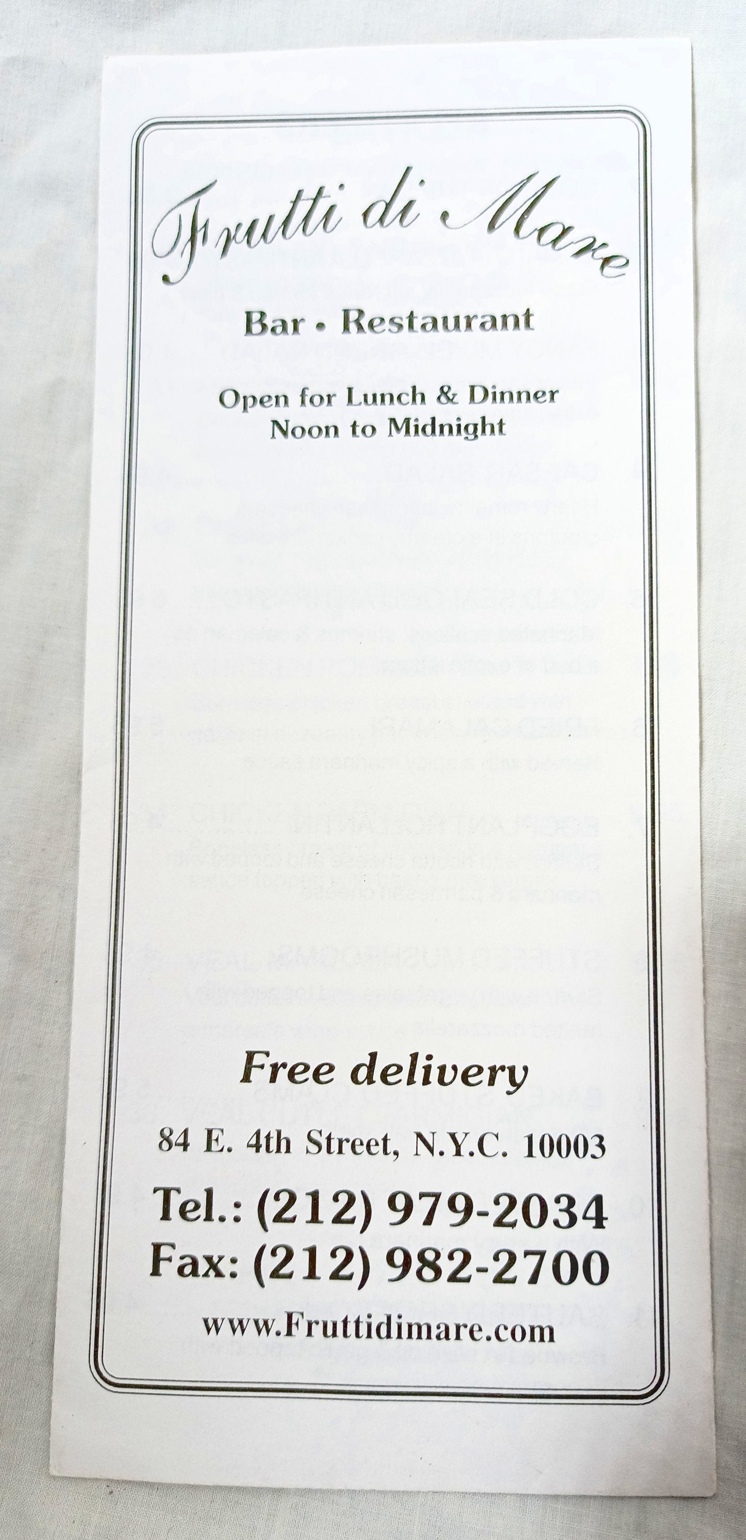 Frutti Di Mare Restaurant E 4th St East Village NYC Takeout Menu 2001 - TulipStuff
