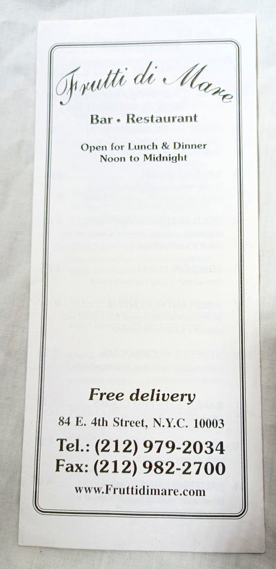 Frutti Di Mare Restaurant E 4th St East Village NYC Takeout Menu 2001 - TulipStuff