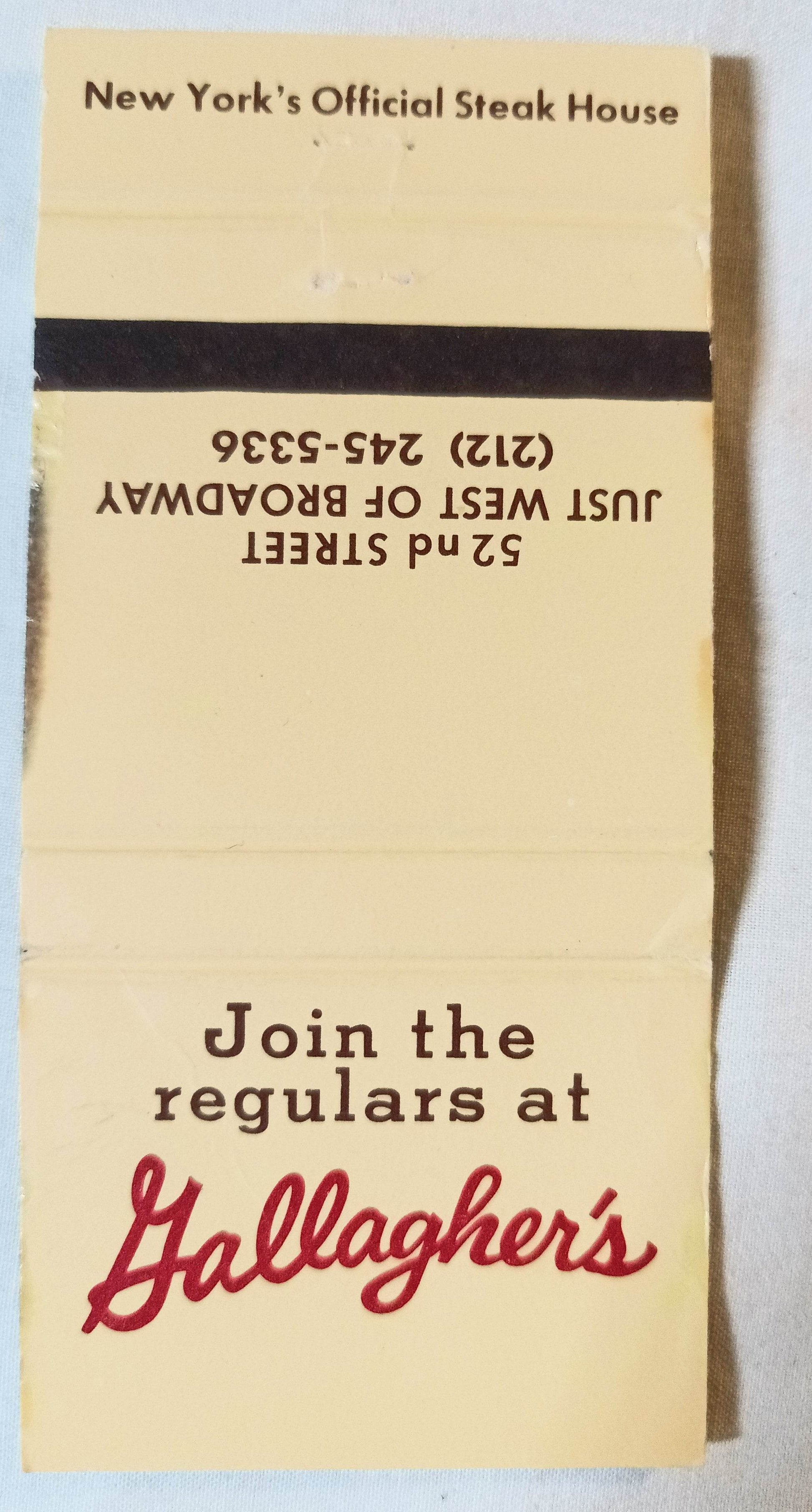 Gallagher's Steak House 52nd St New York City Matchbook Cover 1980's - TulipStuff