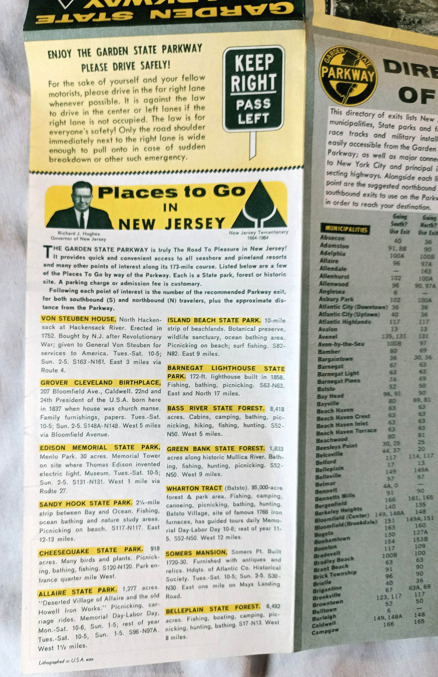 Garden State Parkway New Jersey Highway Map Directory Of Exits 1964 - TulipStuff