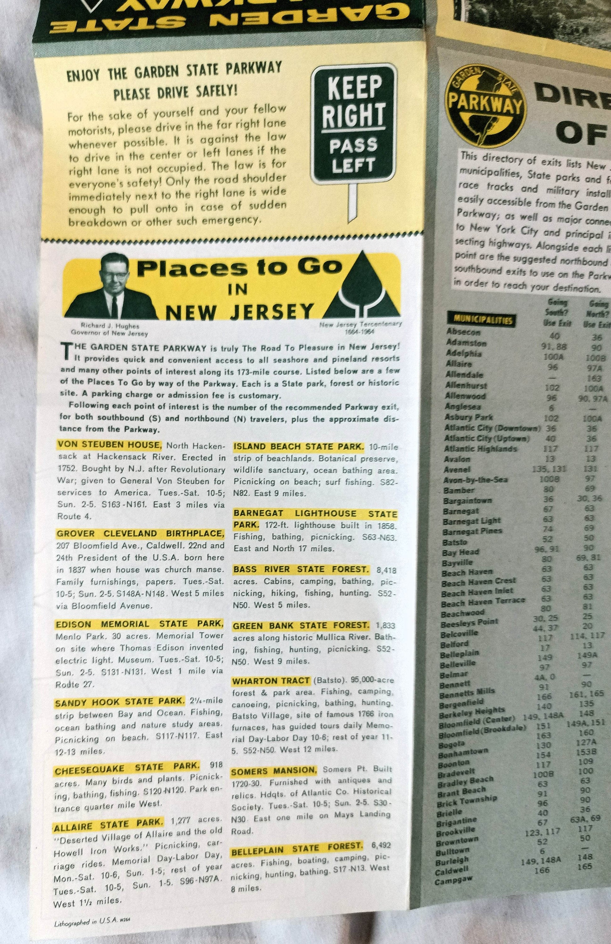 Garden State Parkway New Jersey Highway Map Directory Of Exits 1964 - TulipStuff