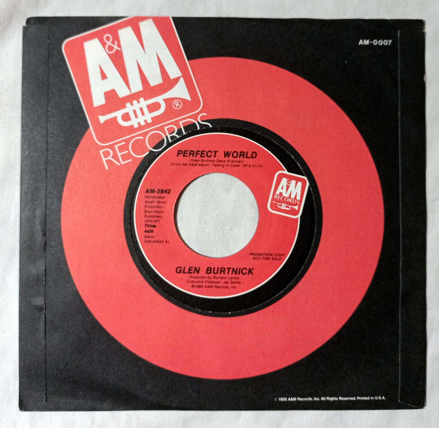 Glen Burtnick Perfect World AOR Rock 7" Vinyl AM-2842 1986 Promo - TulipStuff