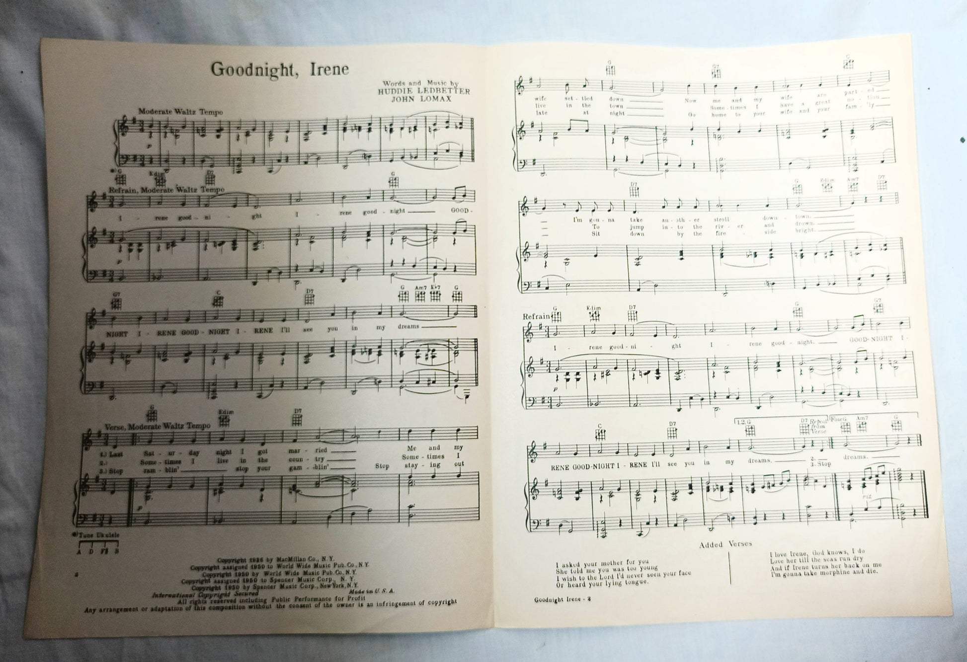 Good Night Irene Ledbetter Lomax Weavers Sheet Music 1950 - TulipStuff