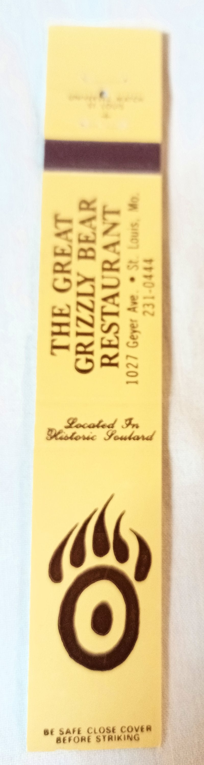Great Grizzly Bear Restaurant St Louis Soulard Matchbook Cover 1980's - TulipStuff