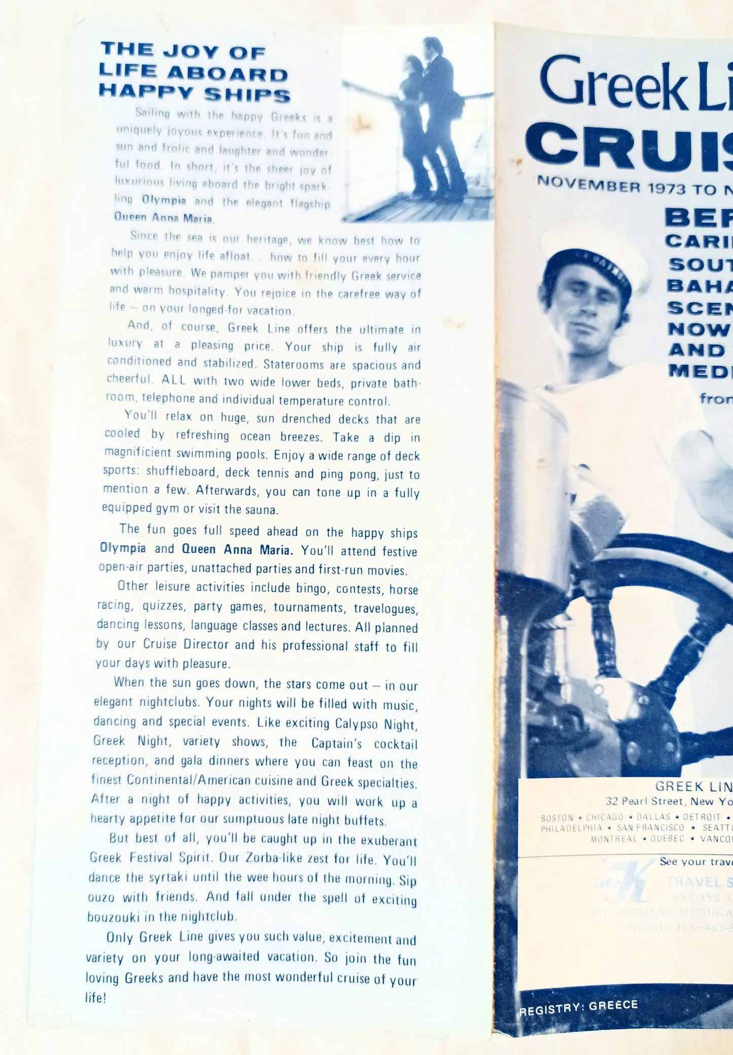 Greek Line Cruises 1973-74 TSS Queen Anna Maria TSS Olympia Brochure - TulipStuff