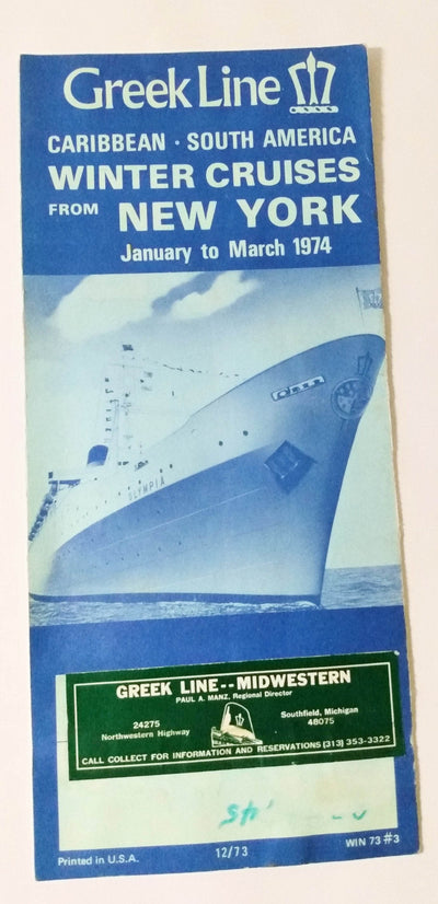 Greek Line TSS Olympia 1974 Winter Cruises From New York Brochure - TulipStuff