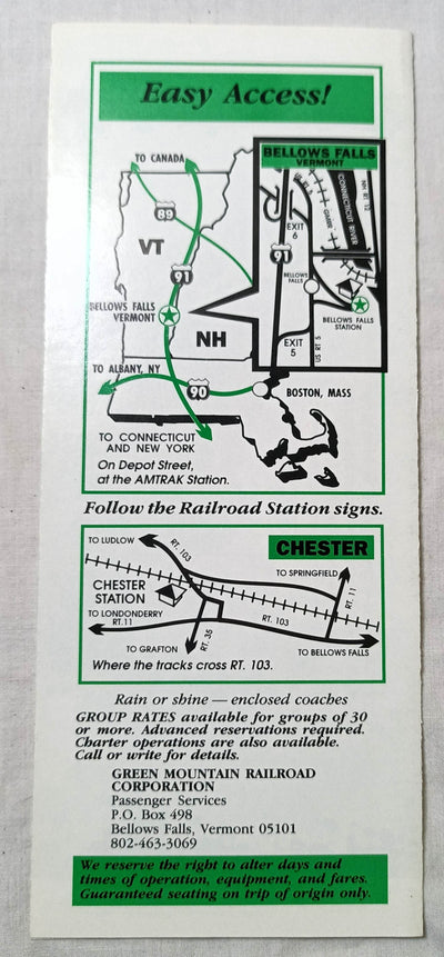 Green Mountain Flyer 1996 Railroad Schedule Bellows Falls Vermont - TulipStuff