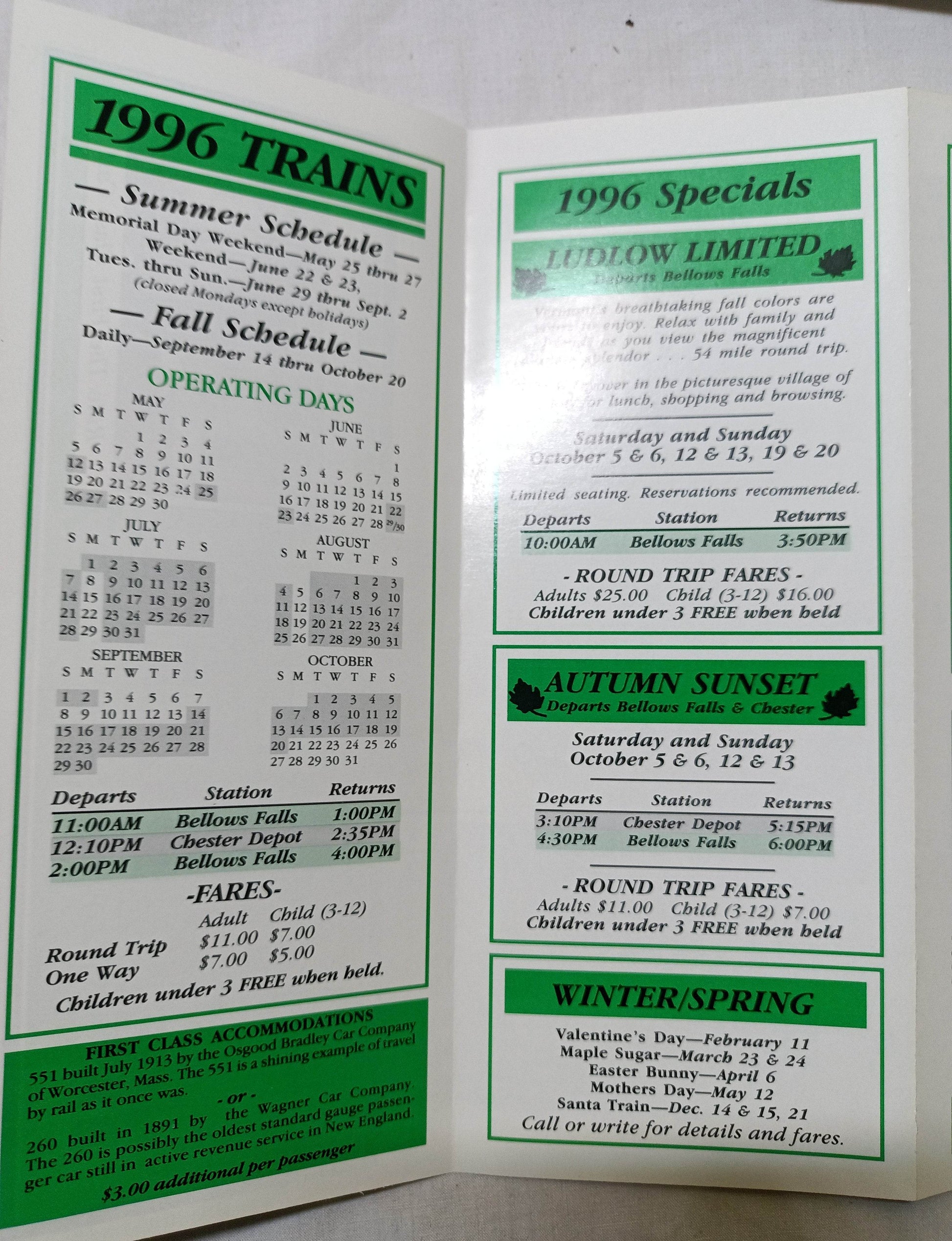 Green Mountain Flyer 1996 Railroad Schedule Bellows Falls Vermont - TulipStuff