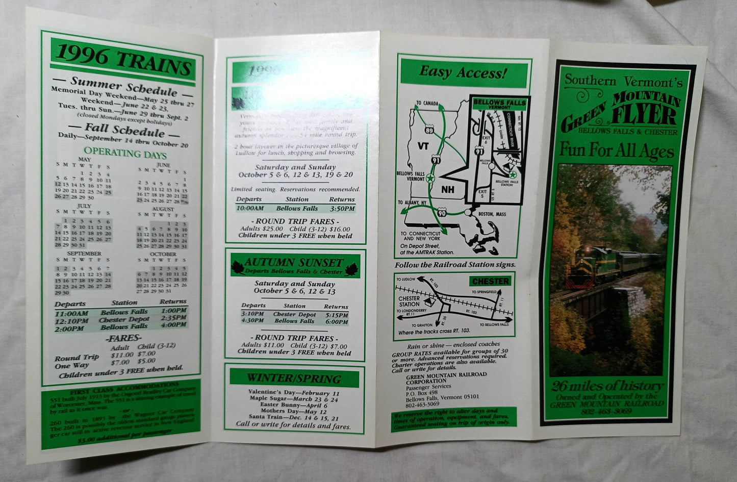 Green Mountain Flyer 1996 Railroad Schedule Bellows Falls Vermont - TulipStuff