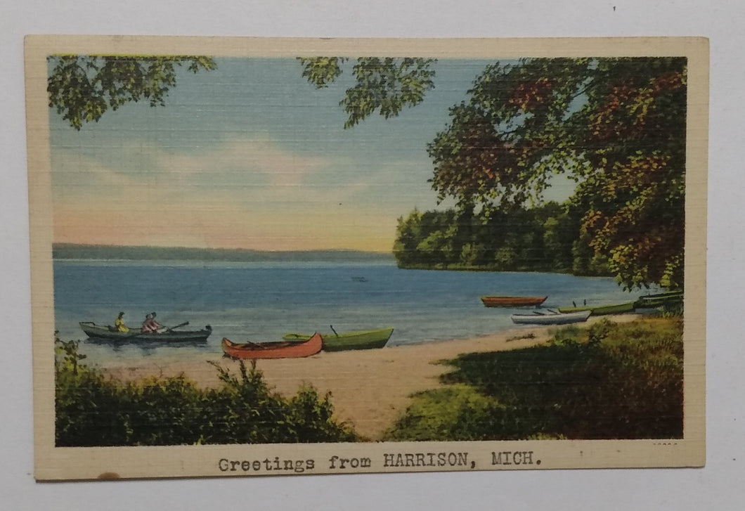 Greetings From Harrison Michigan Boats Lake Linen Postcard 1940 - TulipStuff