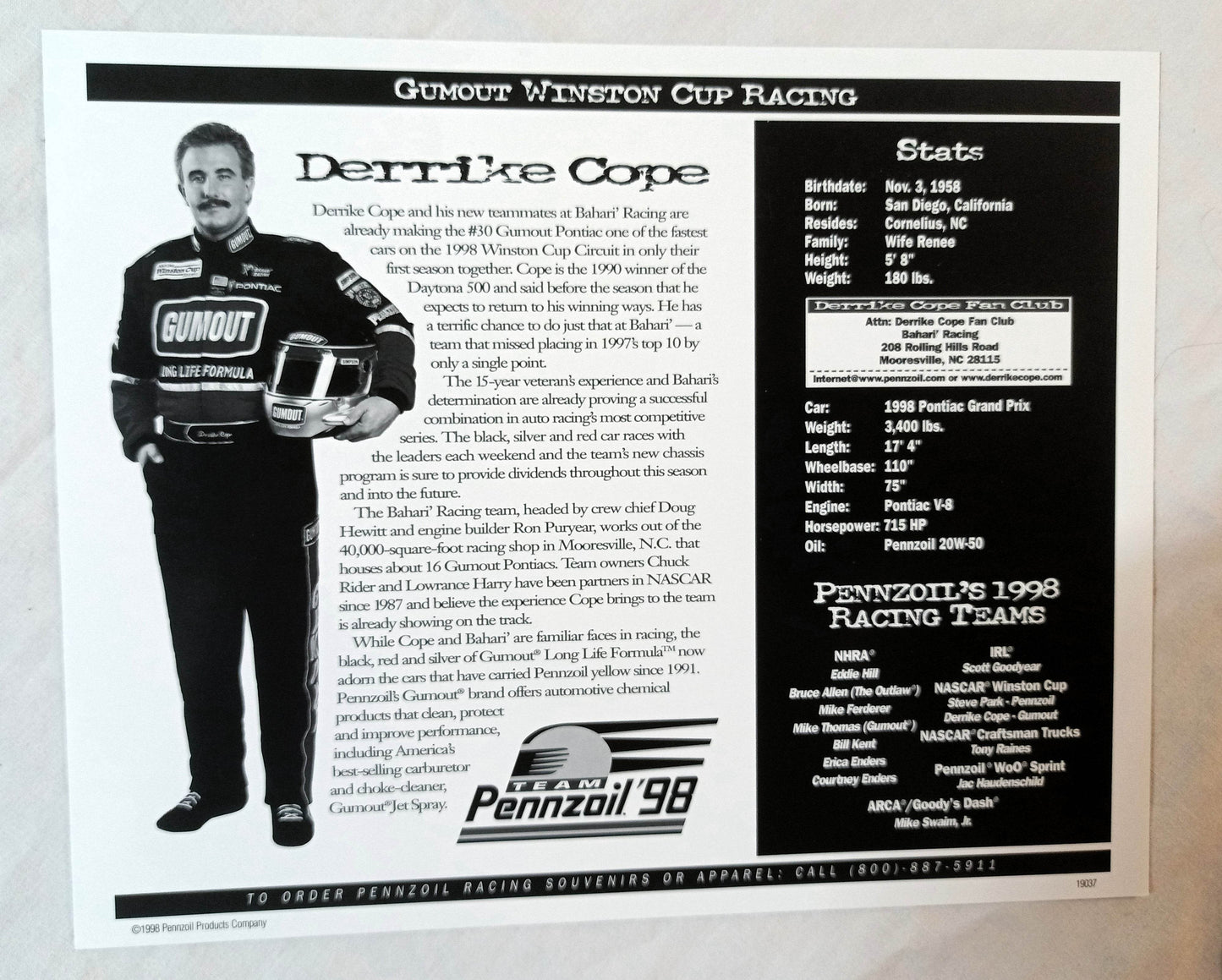 Gumout 1998 NASCAR Racing Team Derrike Cope Photo Card 10X8 - TulipStuff