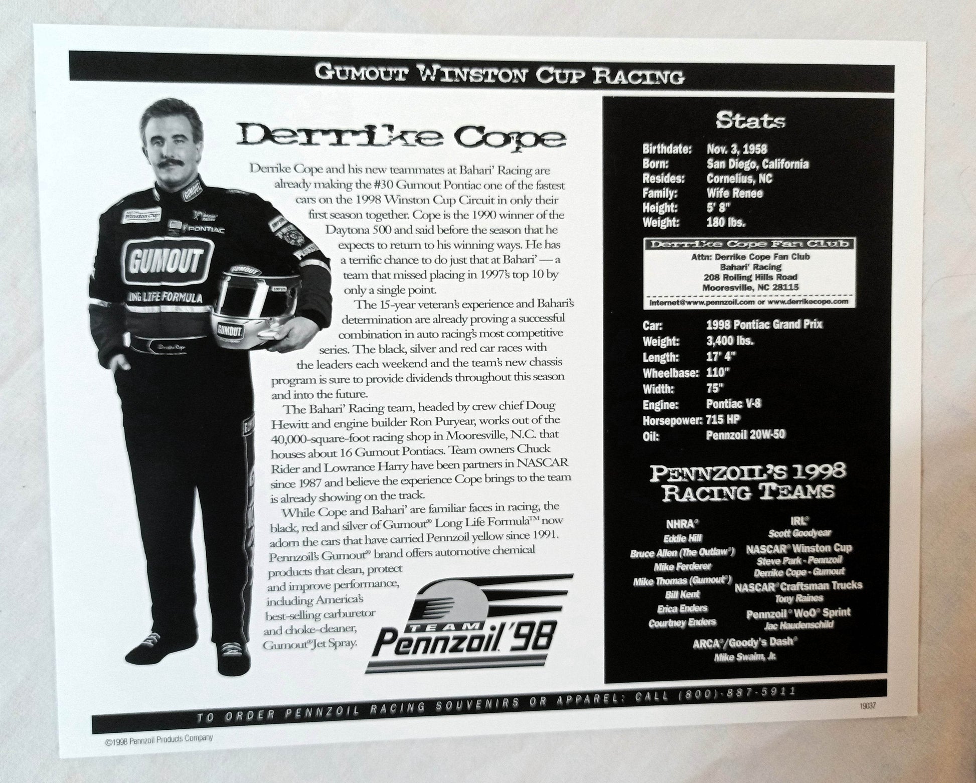 Gumout 1998 NASCAR Racing Team Derrike Cope Photo Card 10X8 - TulipStuff