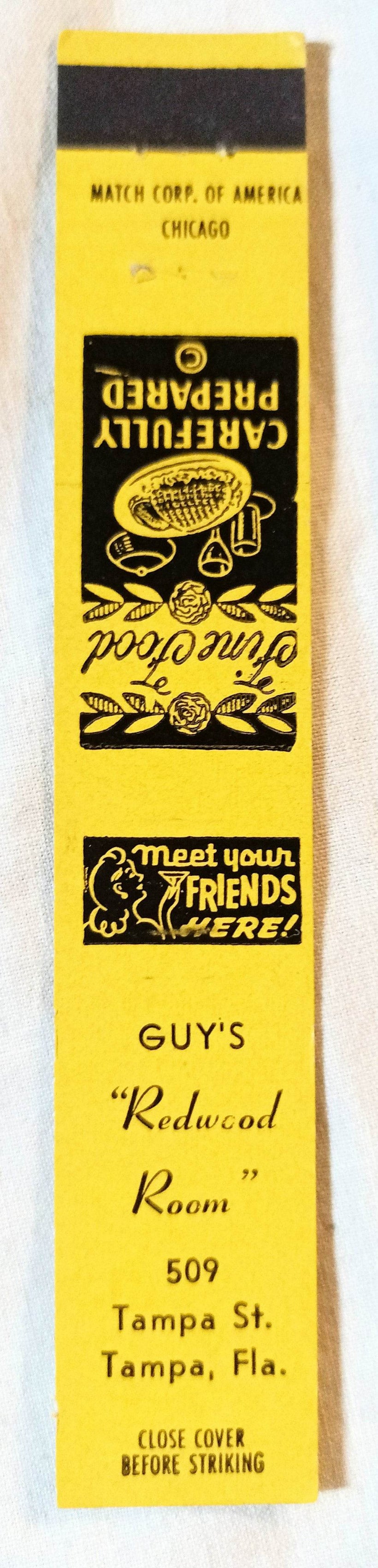 Guy's Redwood Room Restaurant Tampa Florida Matchbook Cover 1950's - TulipStuff