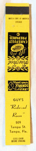 Guy's Redwood Room Restaurant Tampa Florida Matchbook Cover 1950's - TulipStuff