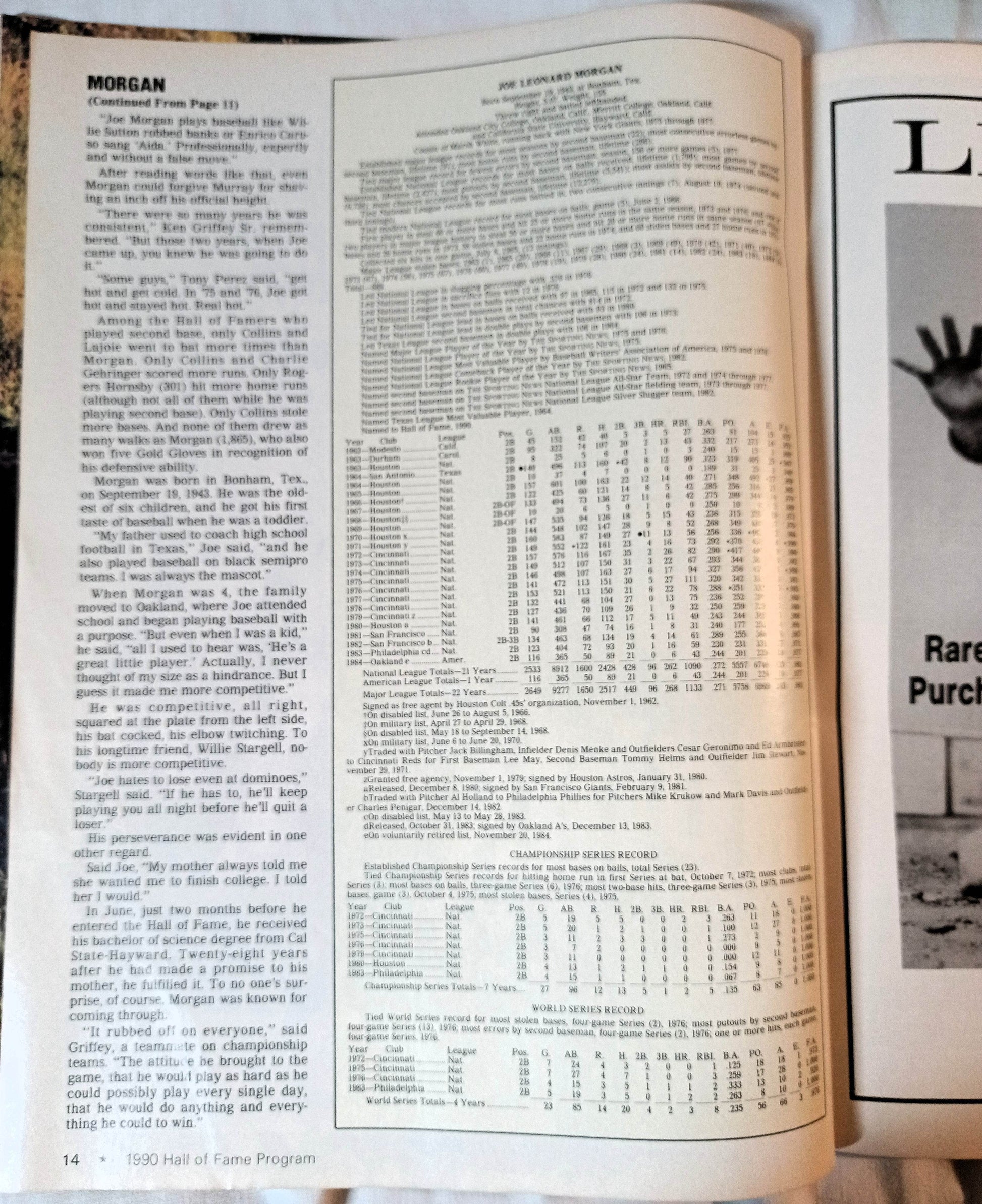 1990 Baseball 51st Annual Hall of Fame Program Joe Morgan Jim Palmer - TulipStuff