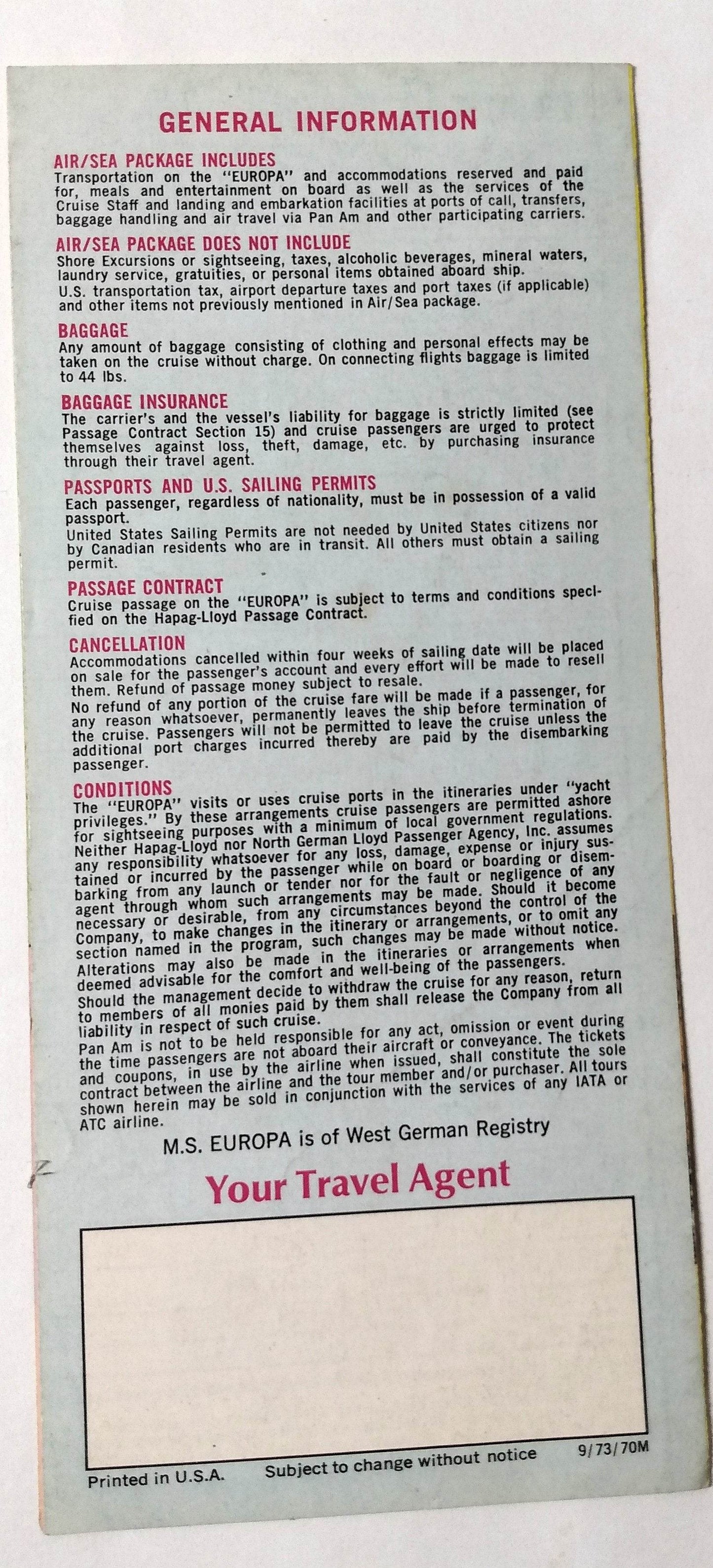 Hapag-Lloyd MS Europa 1974 Air/Sea Cruise Brochure Pan Am - TulipStuff