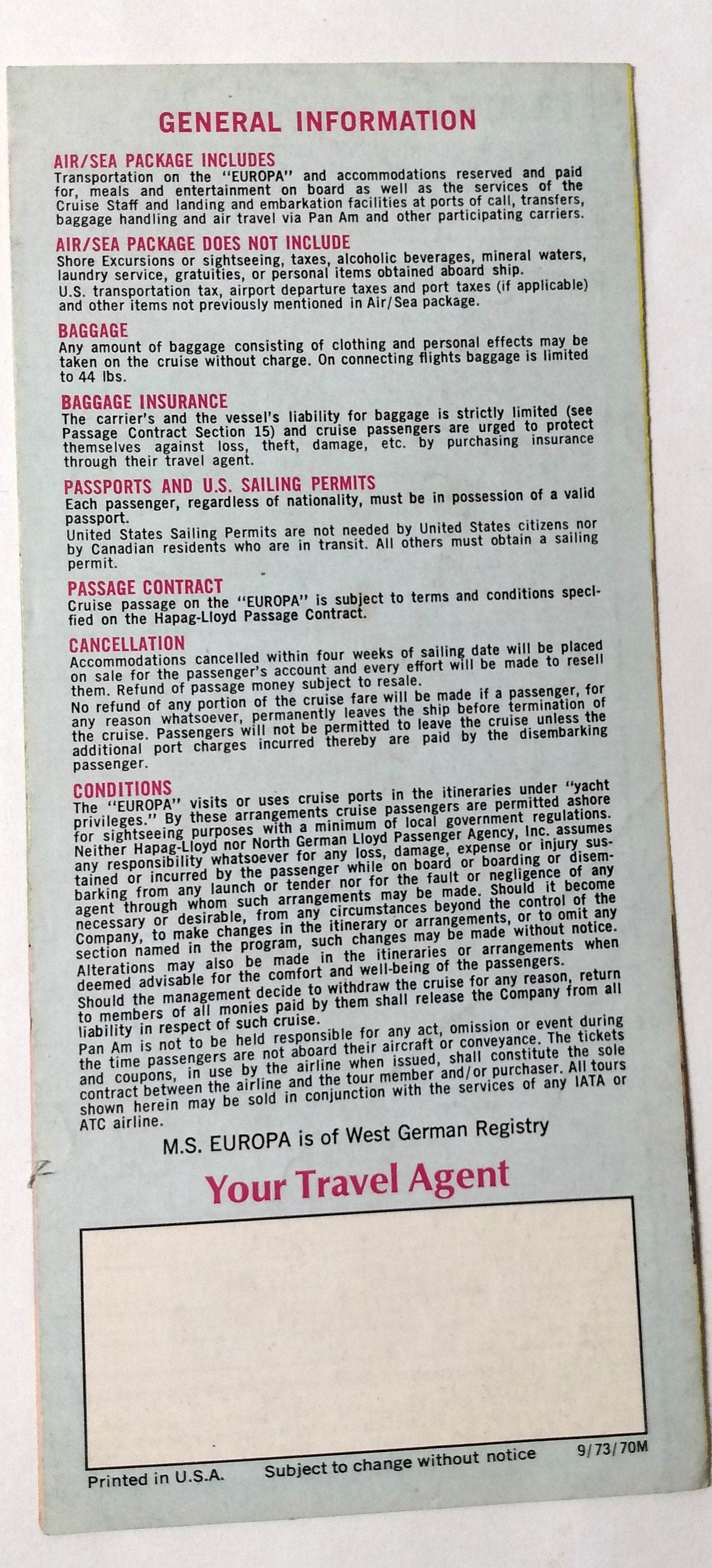 Hapag-Lloyd MS Europa 1974 Air/Sea Cruise Brochure Pan Am - TulipStuff