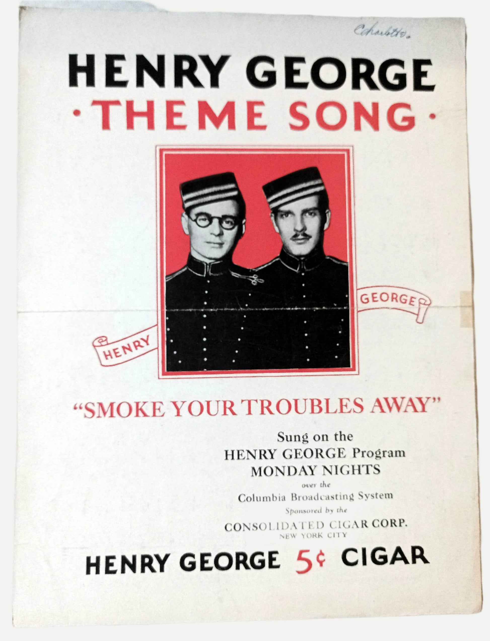Smoke Your Troubles Away Henry George Cigar Theme Song Sheet Music 1930 - TulipStuff