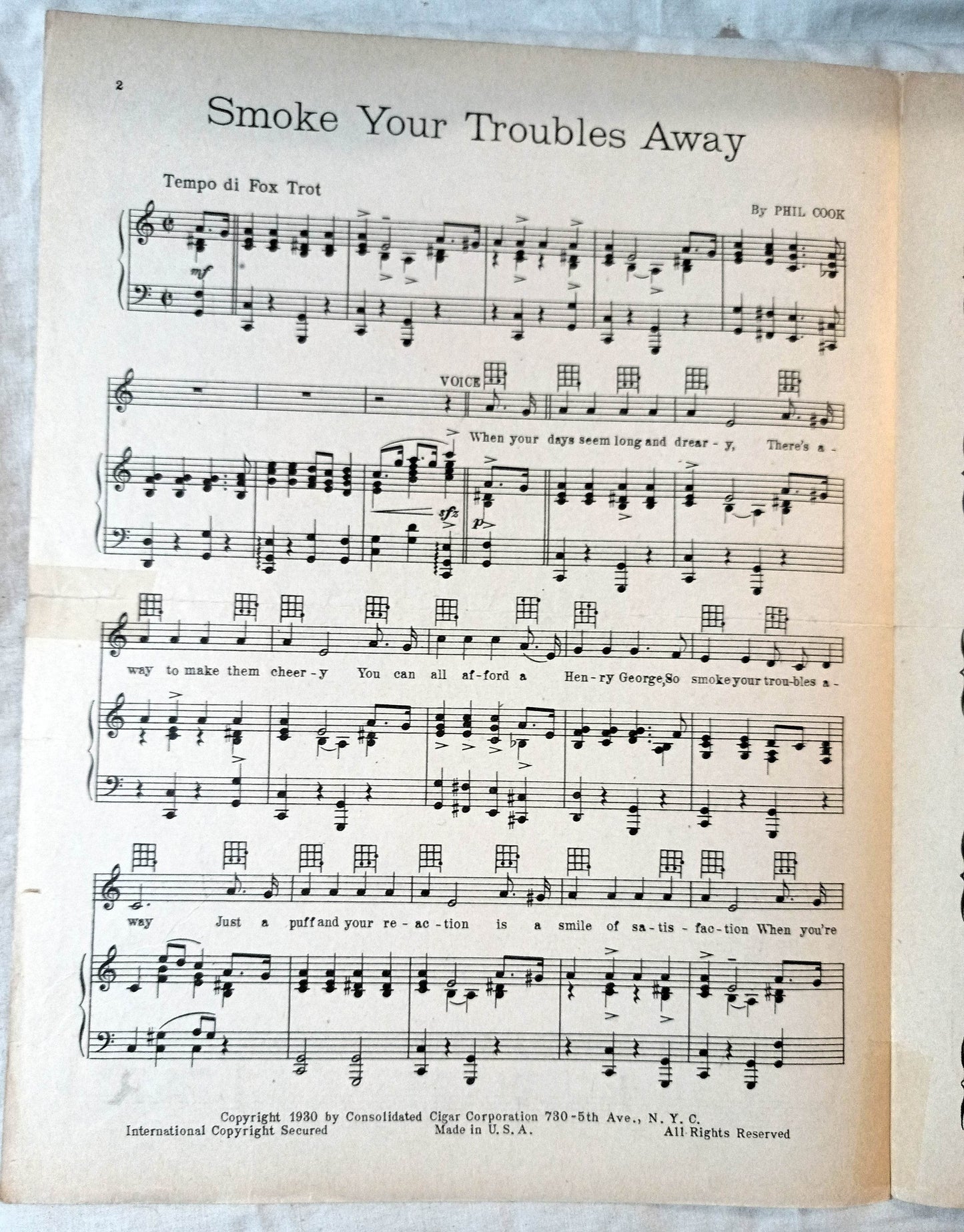 Smoke Your Troubles Away Henry George Cigar Theme Song Sheet Music 1930 - TulipStuff