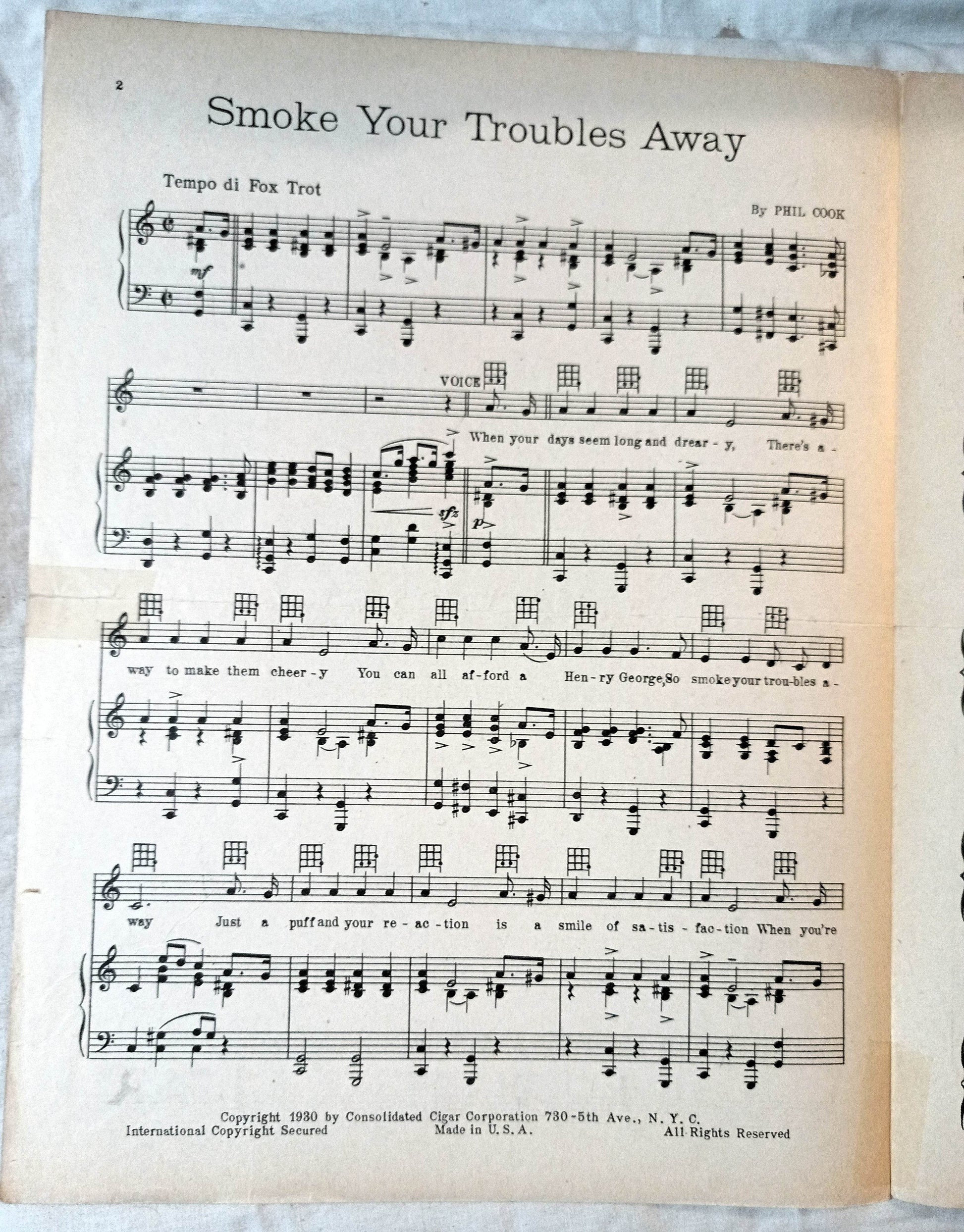 Smoke Your Troubles Away Henry George Cigar Theme Song Sheet Music 1930 - TulipStuff