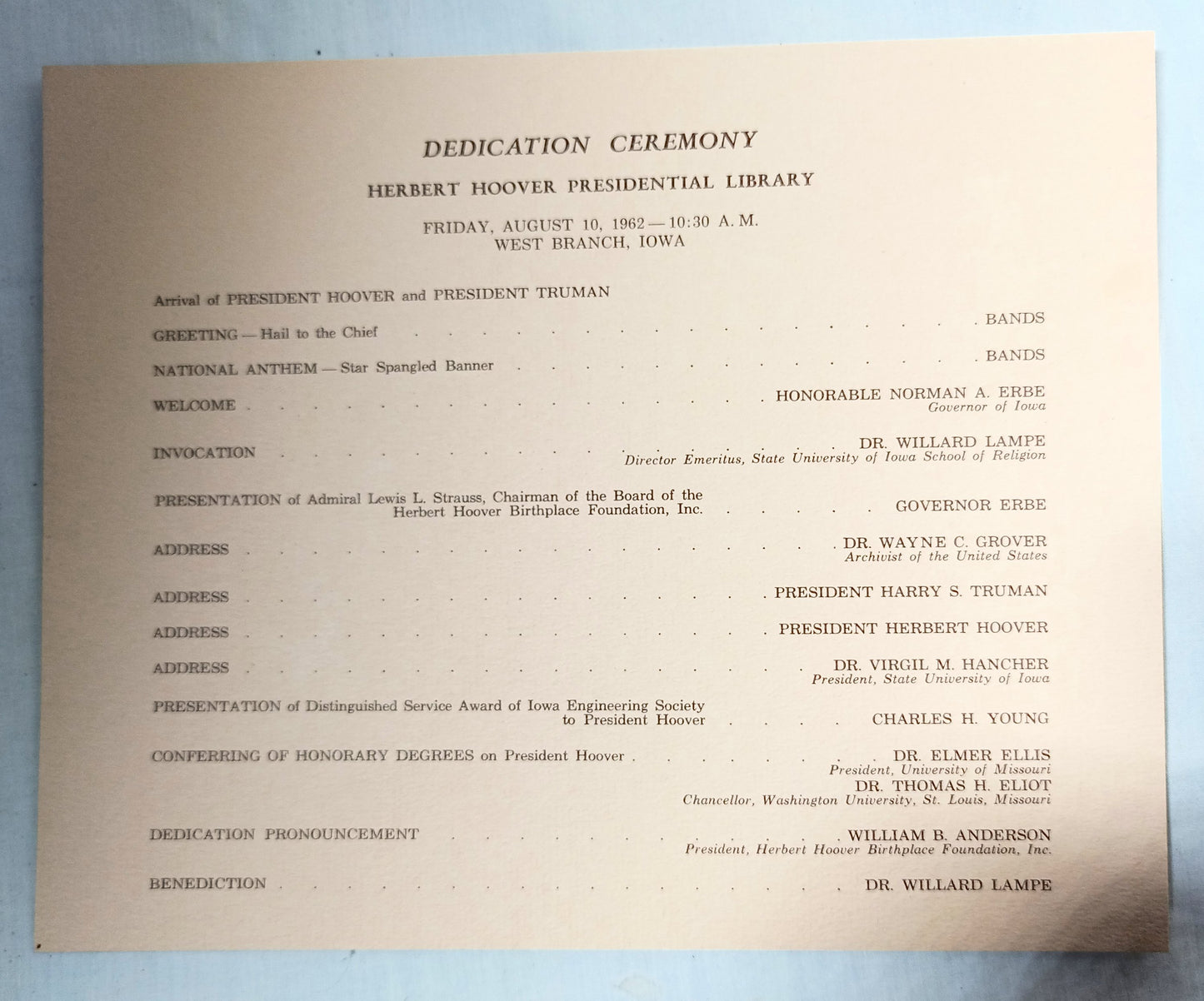 Herbert Hoover Presidential Library Dedication Ceremony Program 1962 - TulipStuff