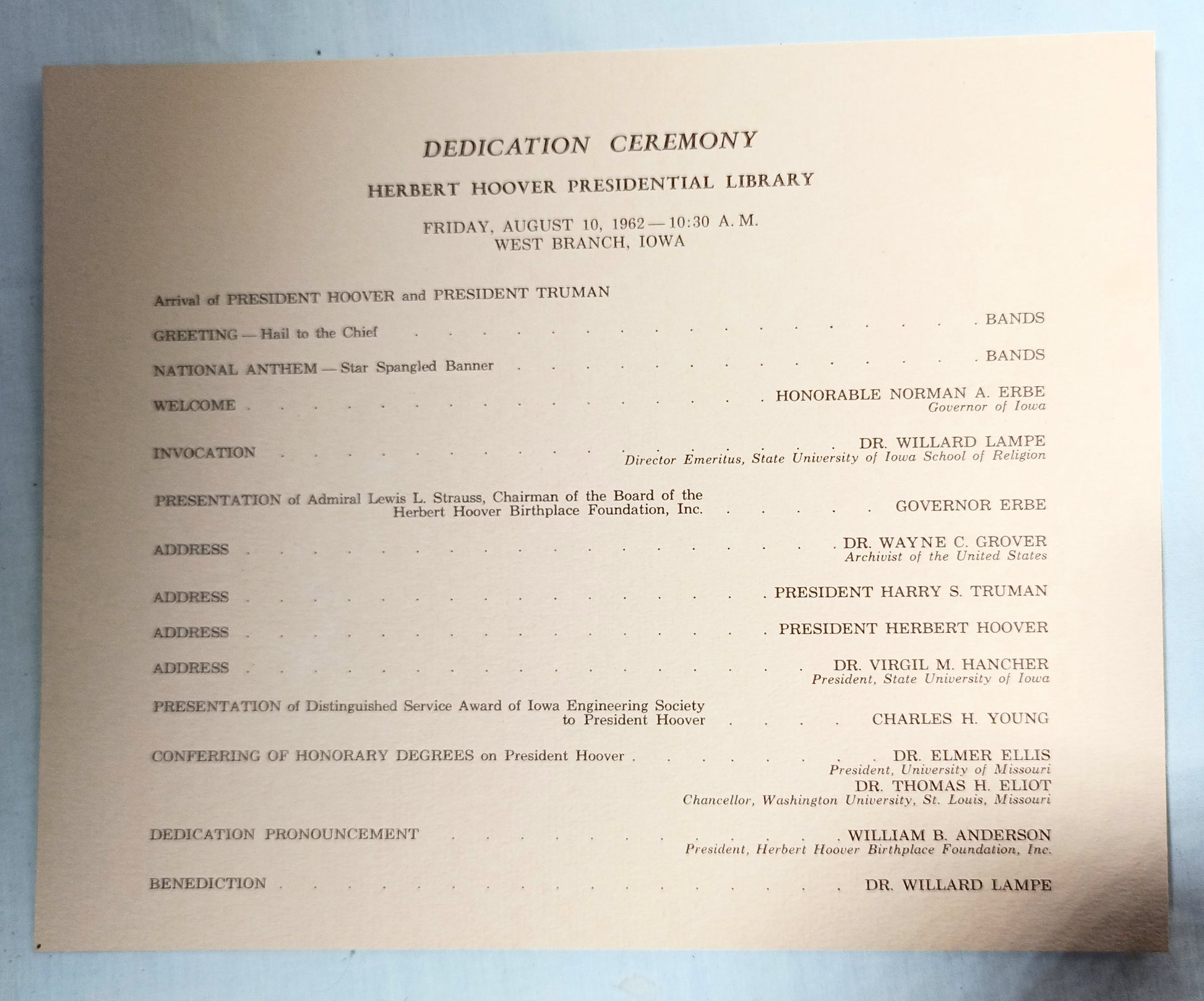 Herbert Hoover Presidential Library Dedication Ceremony Program 1962 - TulipStuff