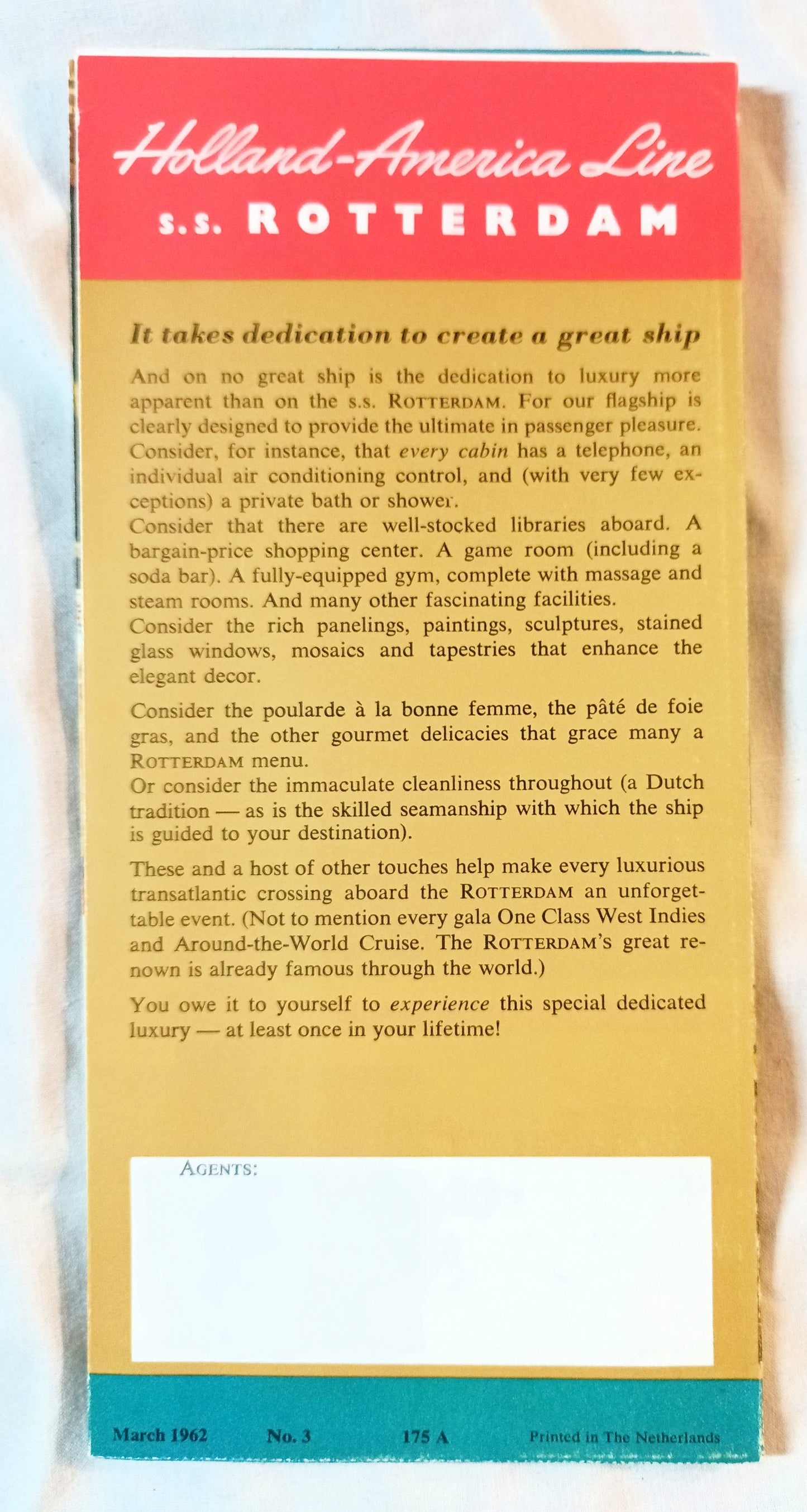 Holland America Line ss Rotterdam Cruise Ship Brochure 1962 - TulipStuff