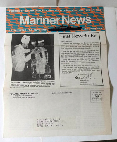 Holland America Cruises Mariner News Newsletter Issue No. 1 March 1974 - TulipStuff