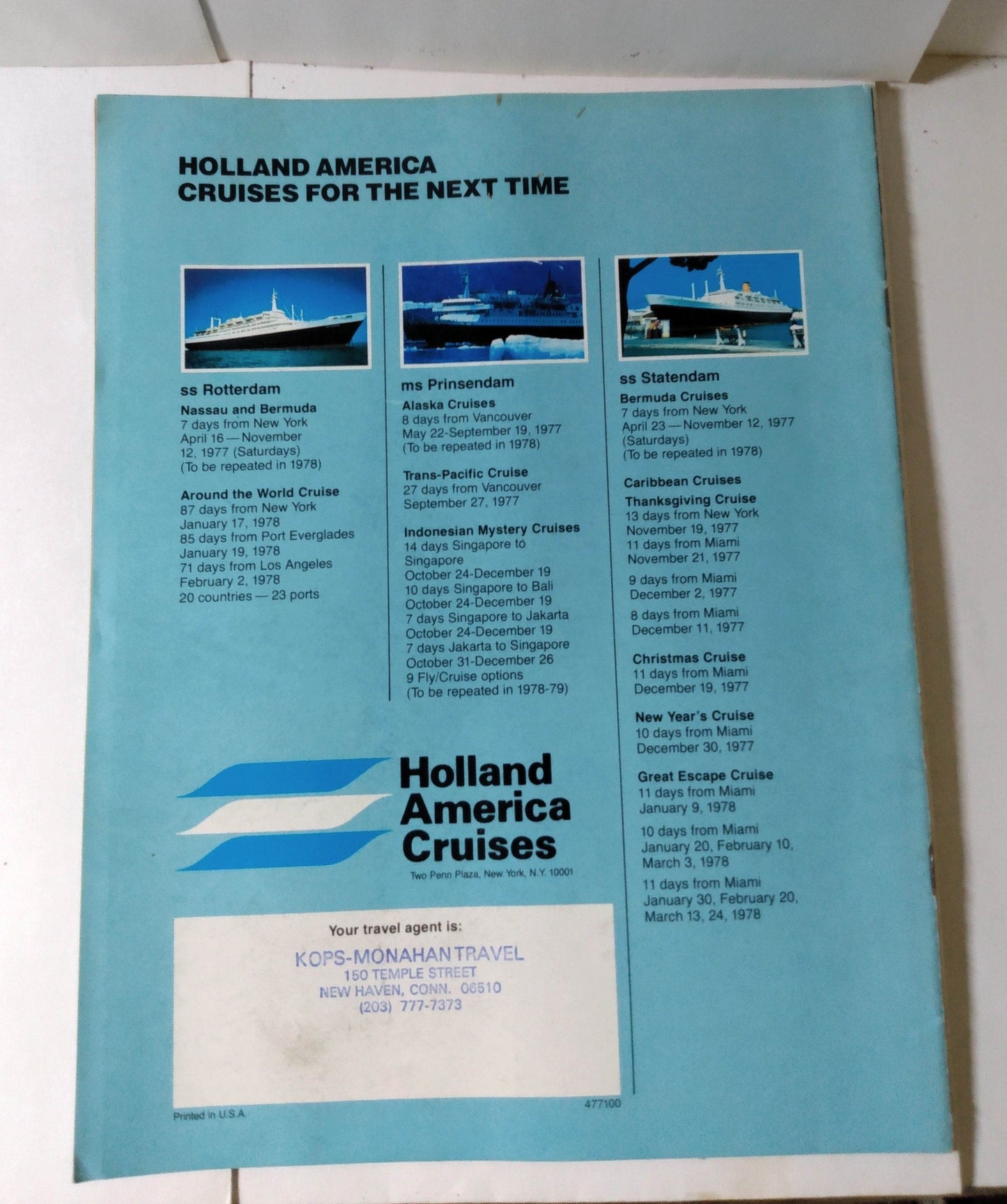 Holland America ss Rotterdam 1977-78 Caribbean Holday Cruises Brochure - TulipStuff