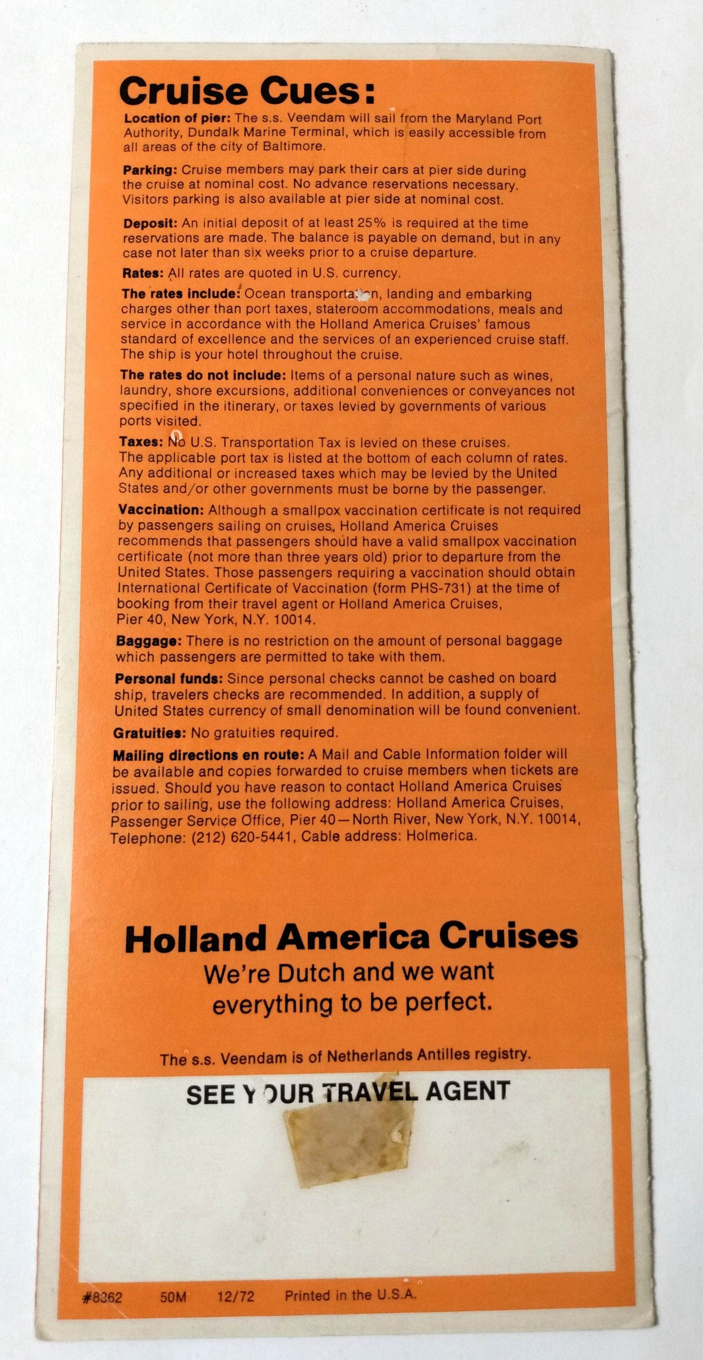Holland America ss Veendam 1973-74 Baltimore Cruises Intro Brochure - TulipStuff