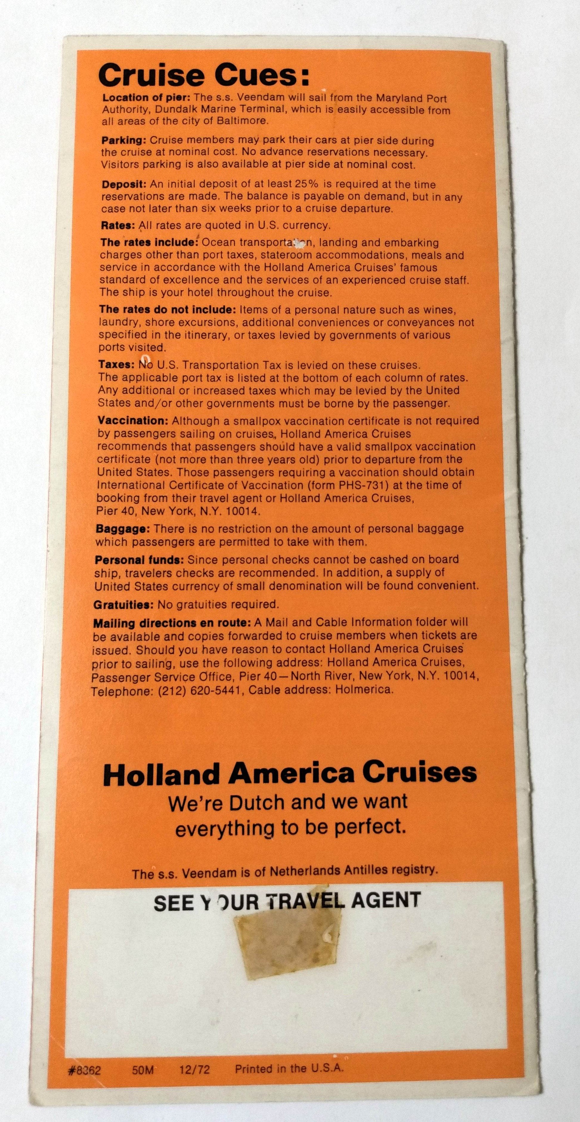 Holland America ss Veendam 1973-74 Baltimore Cruises Intro Brochure - TulipStuff
