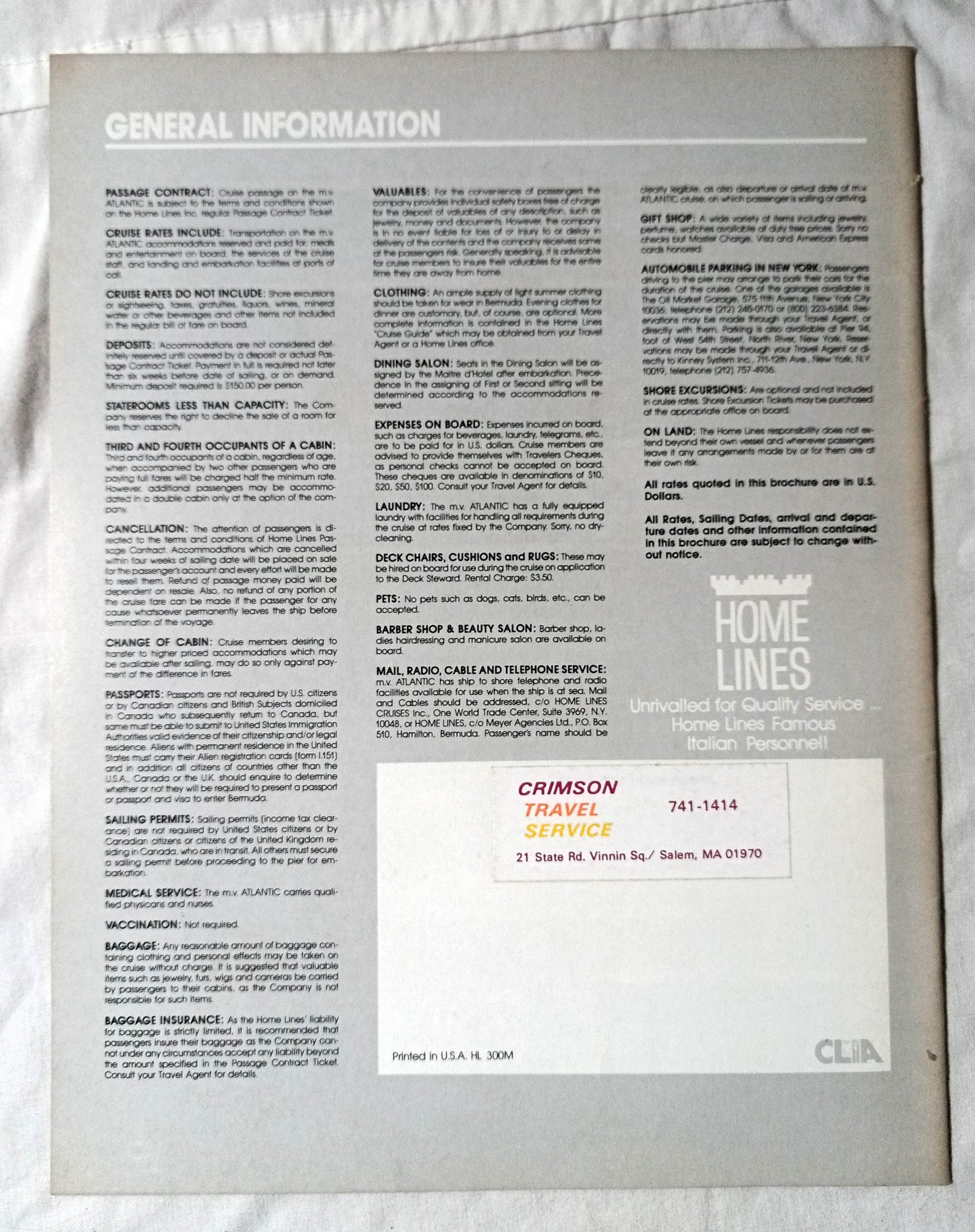 Home Lines mv Atlantic 1983 New York Bermuda 7-Day Cruises Brochure - TulipStuff