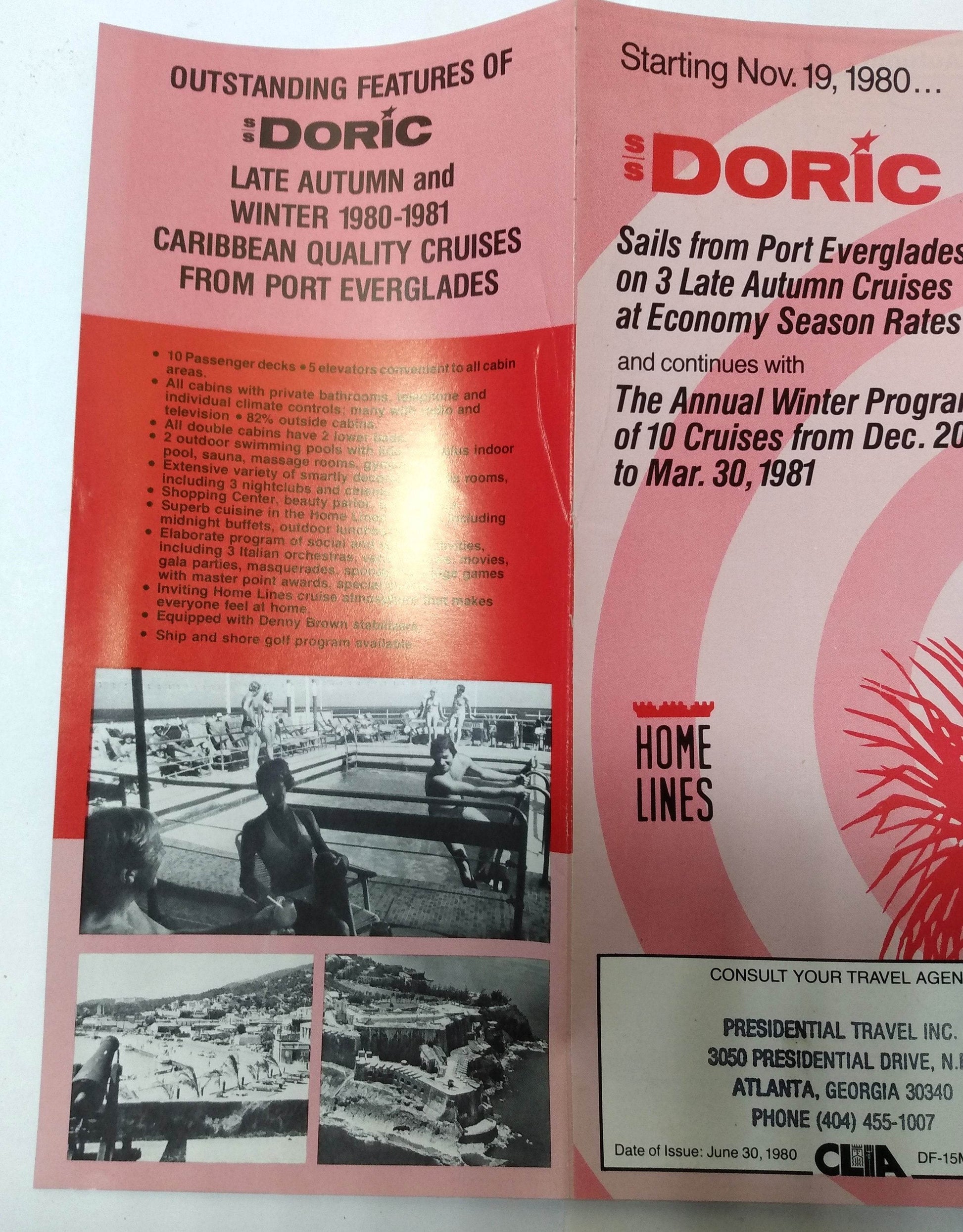 Home Lines ss Doric 1980-81 Caribbean Cruises Port Everglades Brochure - TulipStuff