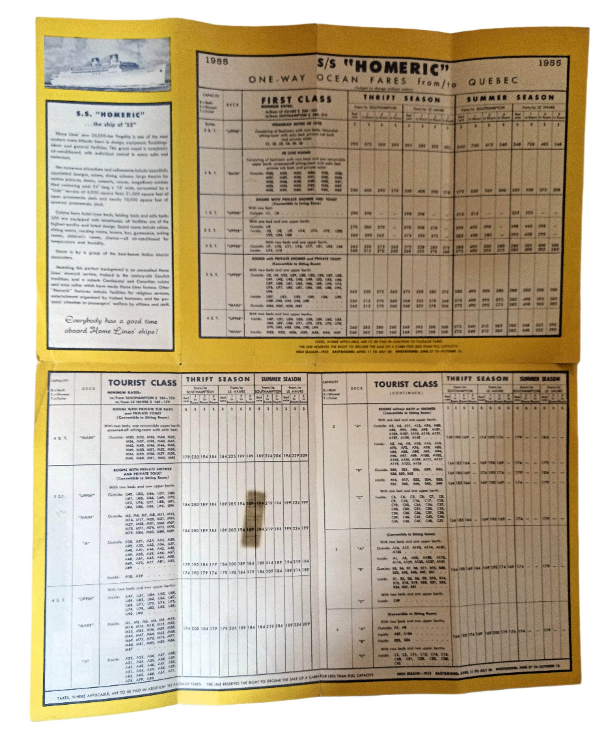 Home Lines ss Homeric Quebec Europe Brochure 1955 ex-Mariposa - TulipStuff
