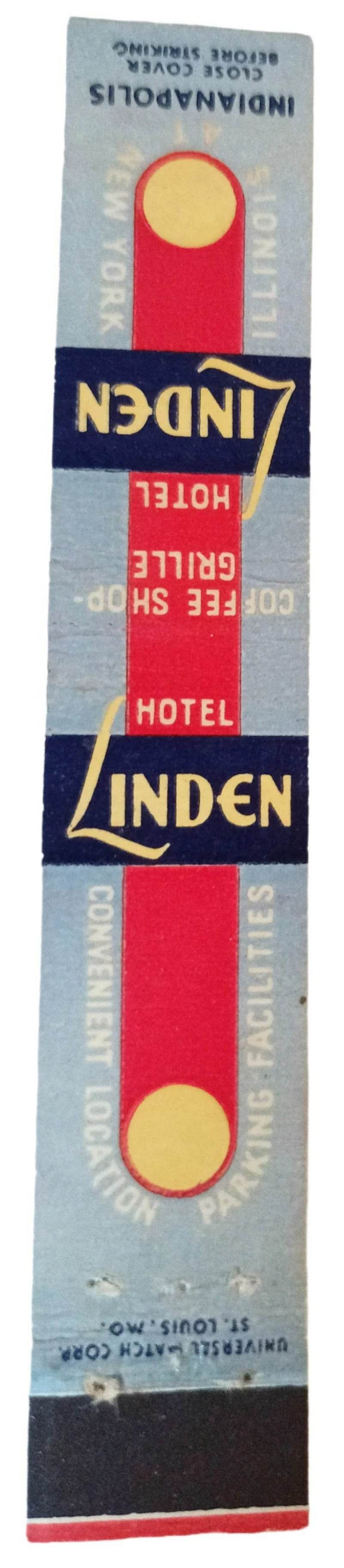 Hotel Linden N Illinois St Indianapolis Indiana Matchbook Cover 1950's - TulipStuff